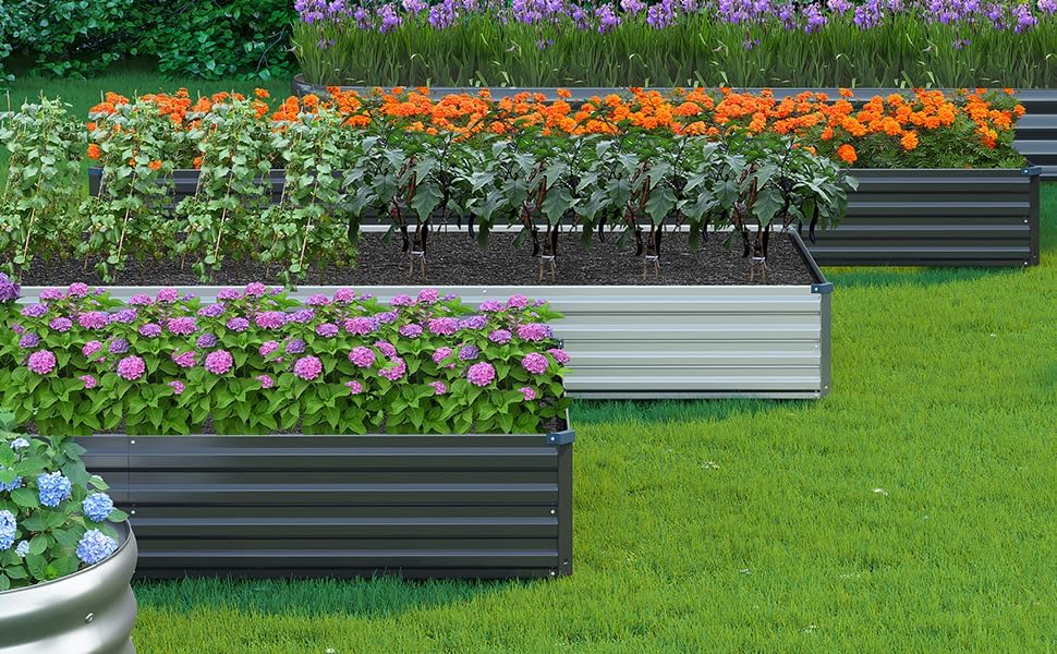 MGNO 2pcs 10x3x1FT Galvanized Raised Garden Bed-Outdoor Planter Box for Vegetables-Metal Garden Bed,Rectangle Planting Box for Herb,Flower,Black
