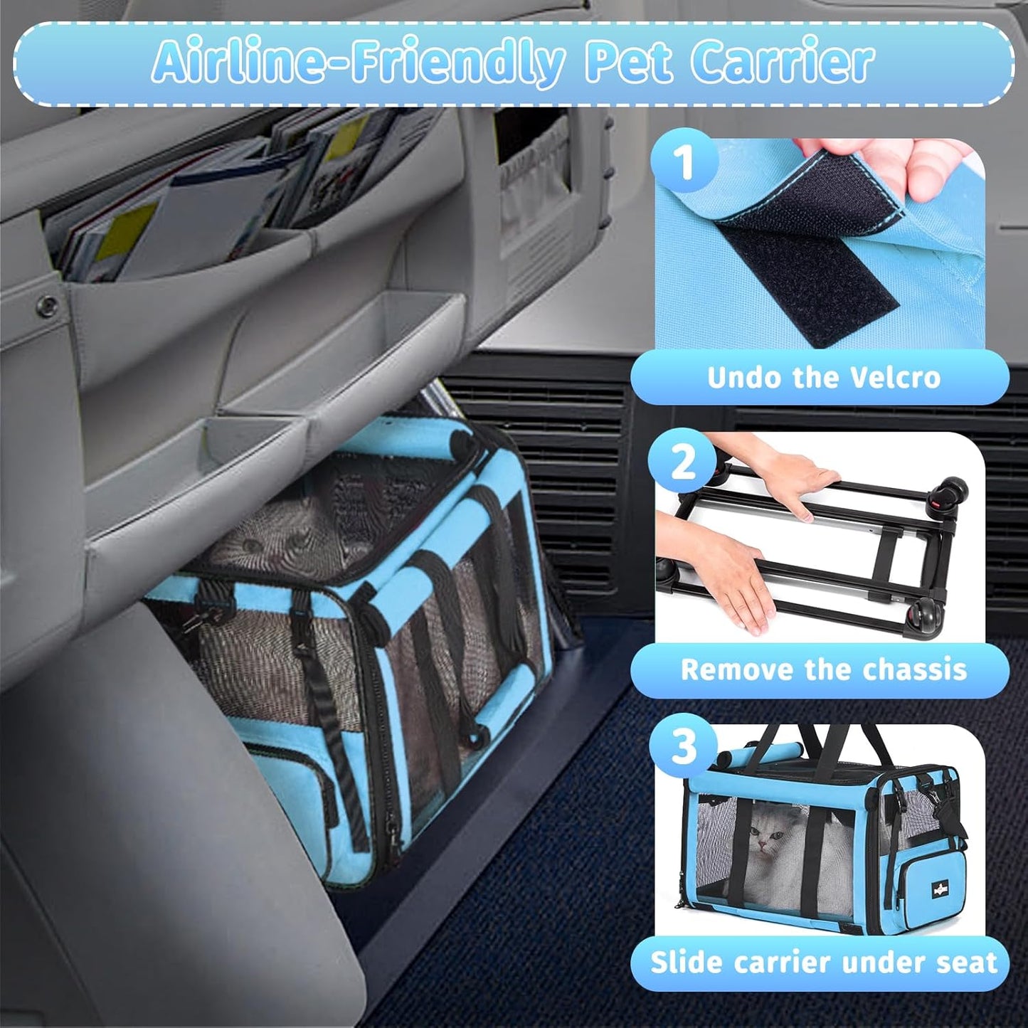 Pet Carrier with Wheels, Durable Airline Approved Cat Crate, Foldable Rolling Dog Carrier, Cat Rolling Bag for Cat &Dog, Use for Travel, Outdoor, Vet Visits, Camping, Indoor. Blue.