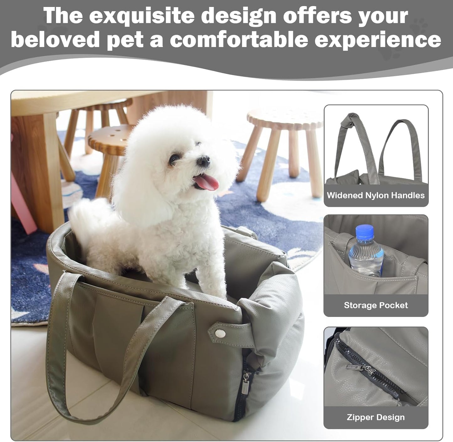 2 and 1 Center Console Dog Car Seat & Carrier for Small Dogs, Large Leather Dog Car Bed with Storage Pocket, Waterproof PVC Leather Seat Travel Bed for Front & Back Seat, Clip-On Safety Leash
