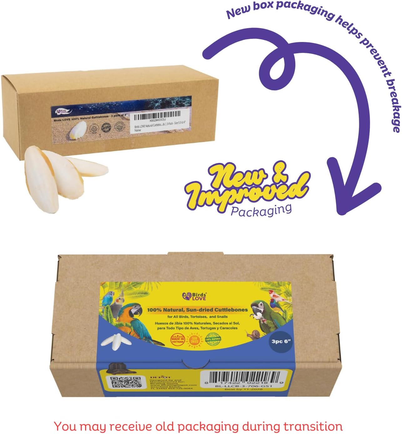 Birds LOVE Natural Cuttlebone | 100% Pure Sun-Dried Calcium Supplement for Birds, Tortoises, Snails & Crabs | Supports Beak & Shell Health | Easy to Chew | 3 Pack, Size 5.5 to 6"