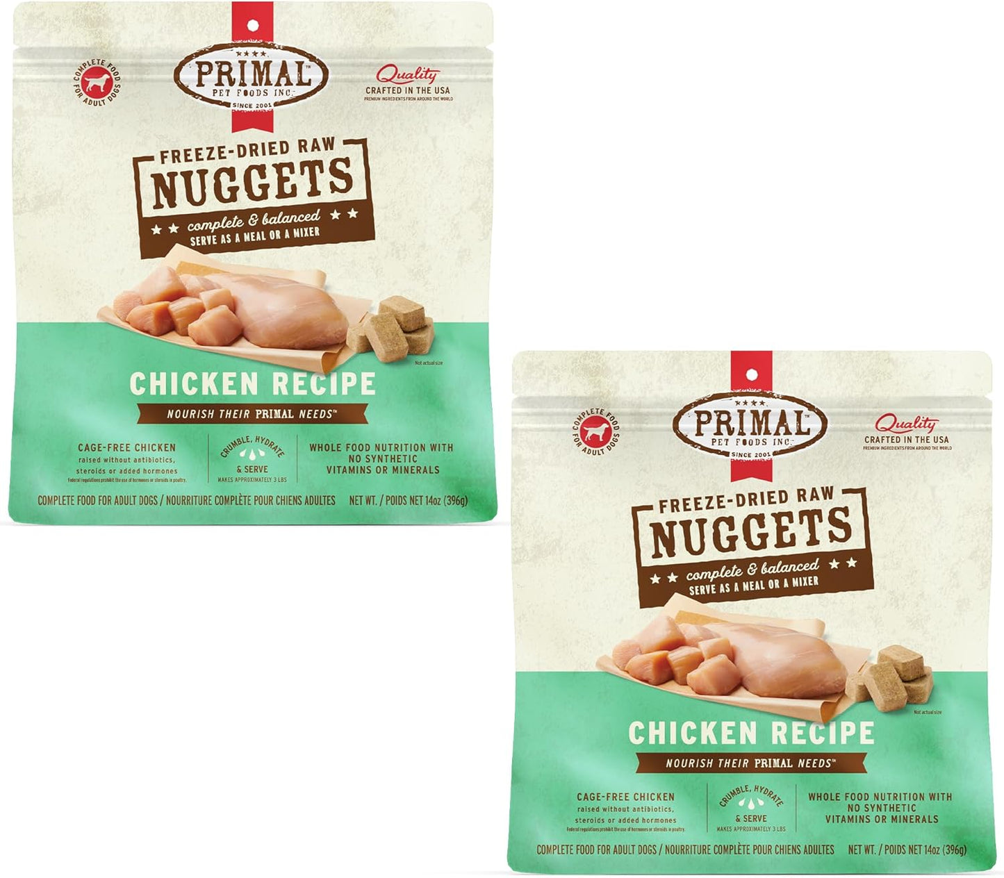 Primal Freeze Dried Dog Food Nuggets, Chicken; Complete & Balanced Meal; Also Use as Topper or Treat; Premium, Healthy, Grain Free, High Protein Raw Dog Food, 14 oz (Pack of 2)