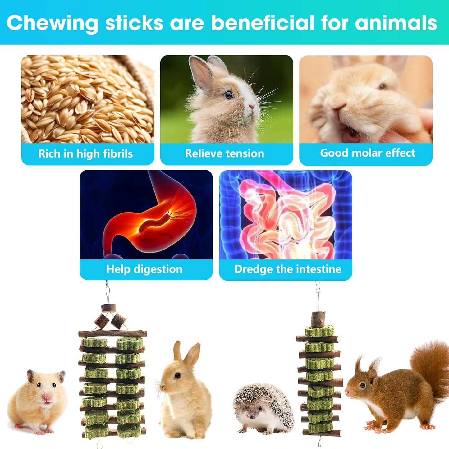 WDEFUN Natural Peach Wood Clover Cake Teeth Grinding Toy String - Rabbit Snack Chewing Toy, Safe and Durable Pet Teeth Grinding Rod, Caring for Dental Health