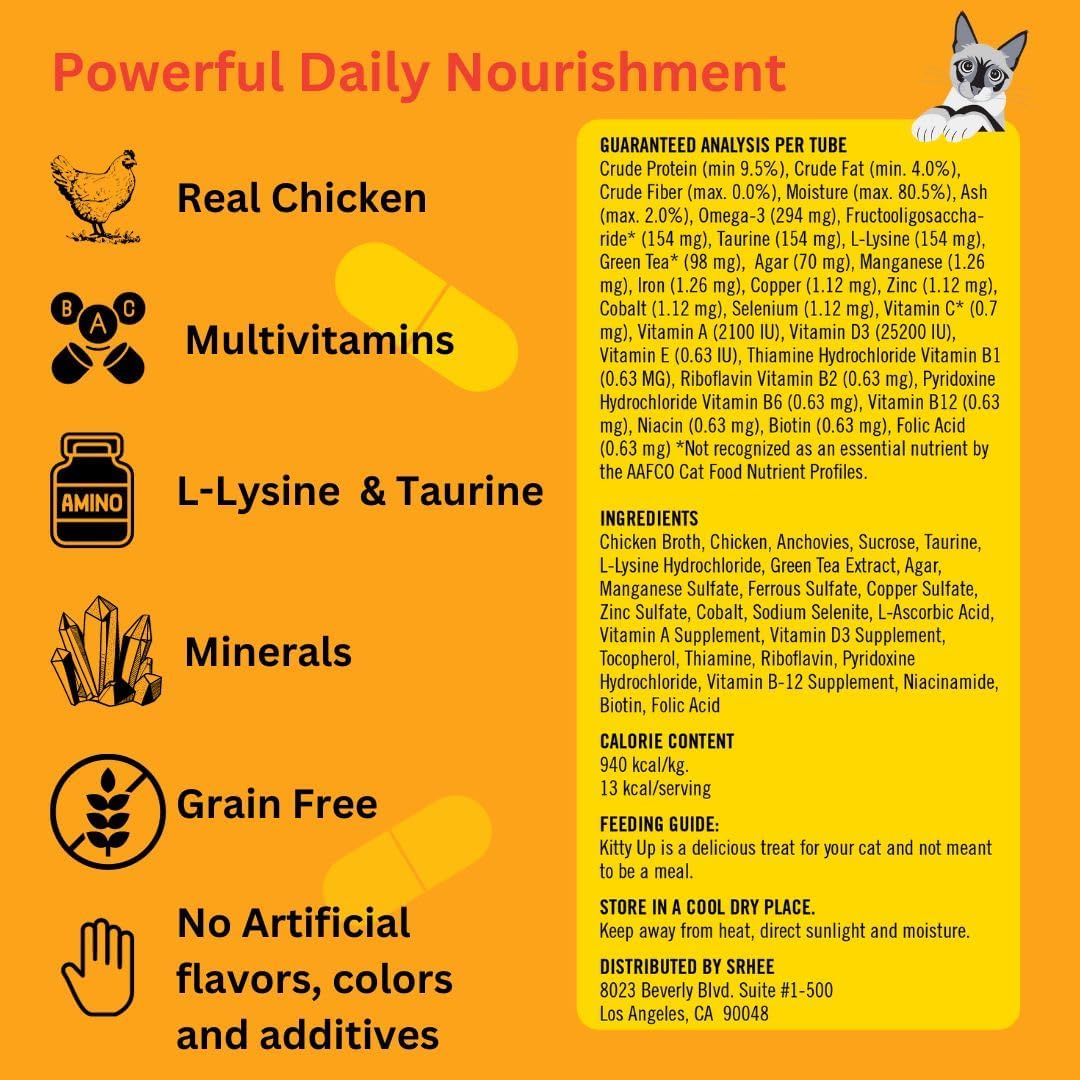 Lickable Cat Treat Pouches for Indoor Cats - All Natural Chicken Puree Tube Treats, Kitten and Senior Soft Wet Cat Treats - Grain Free, Lysine, Taurine; 12 Tubes .05 oz ea.