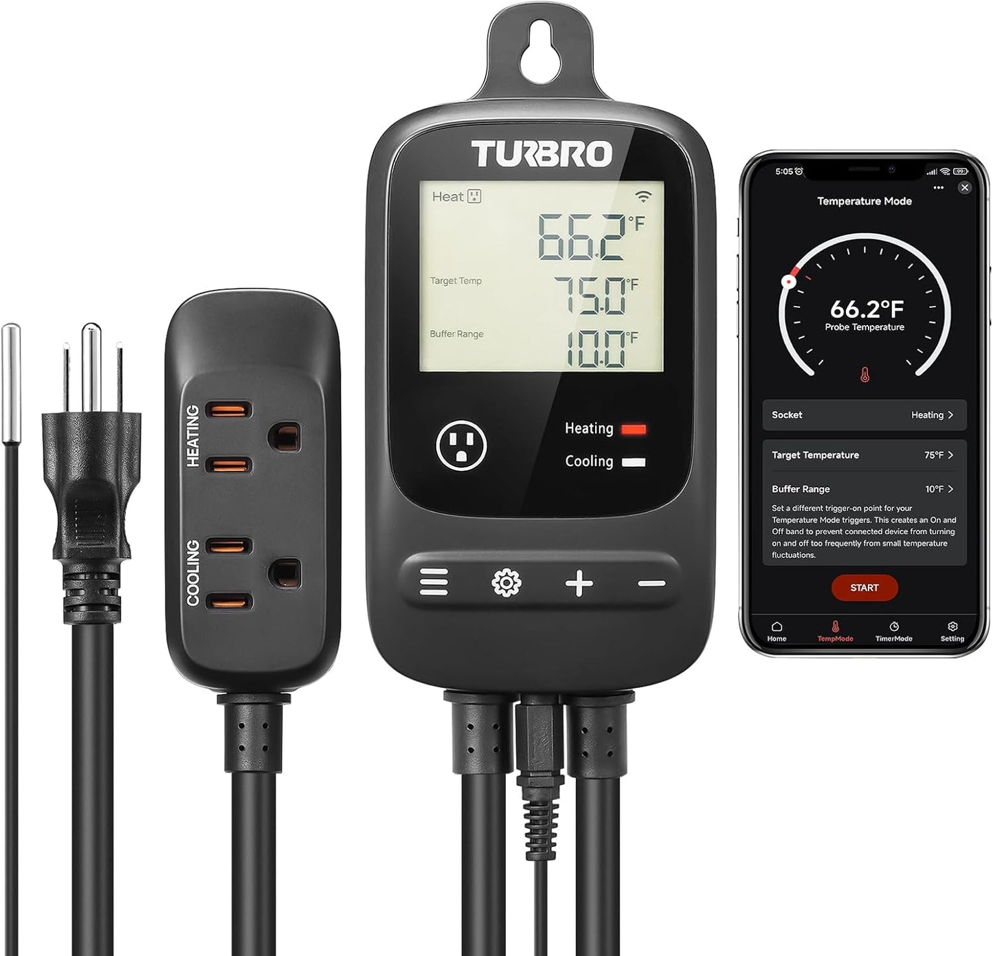 [2 Pack] TURBRO Smart Temperature Controller Heating Cooling, WiFi-Enabled Thermostat with Timer and Temperature Monitoring for Home Brewing, Seedling, Greenhouse, and Reptile Terrarium
