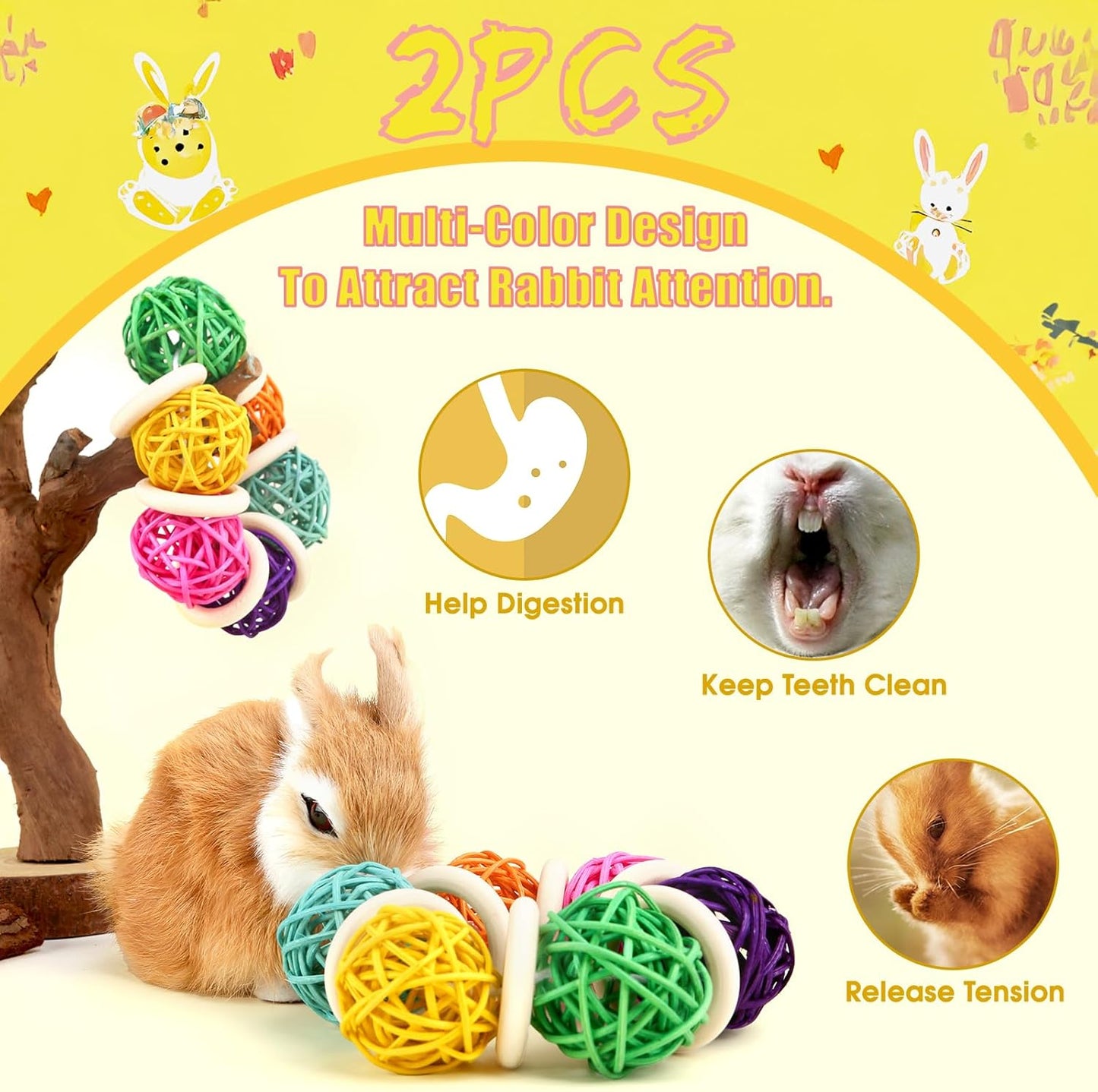 2 Pcs Natural Grass Chew Balls for Rabbits, Chinchillas, Hamsters & Mice - Safe Dental Health Toys for Teeth Grinding, Chewing & Dental Care, Small Animal Enrichment Chew Toys