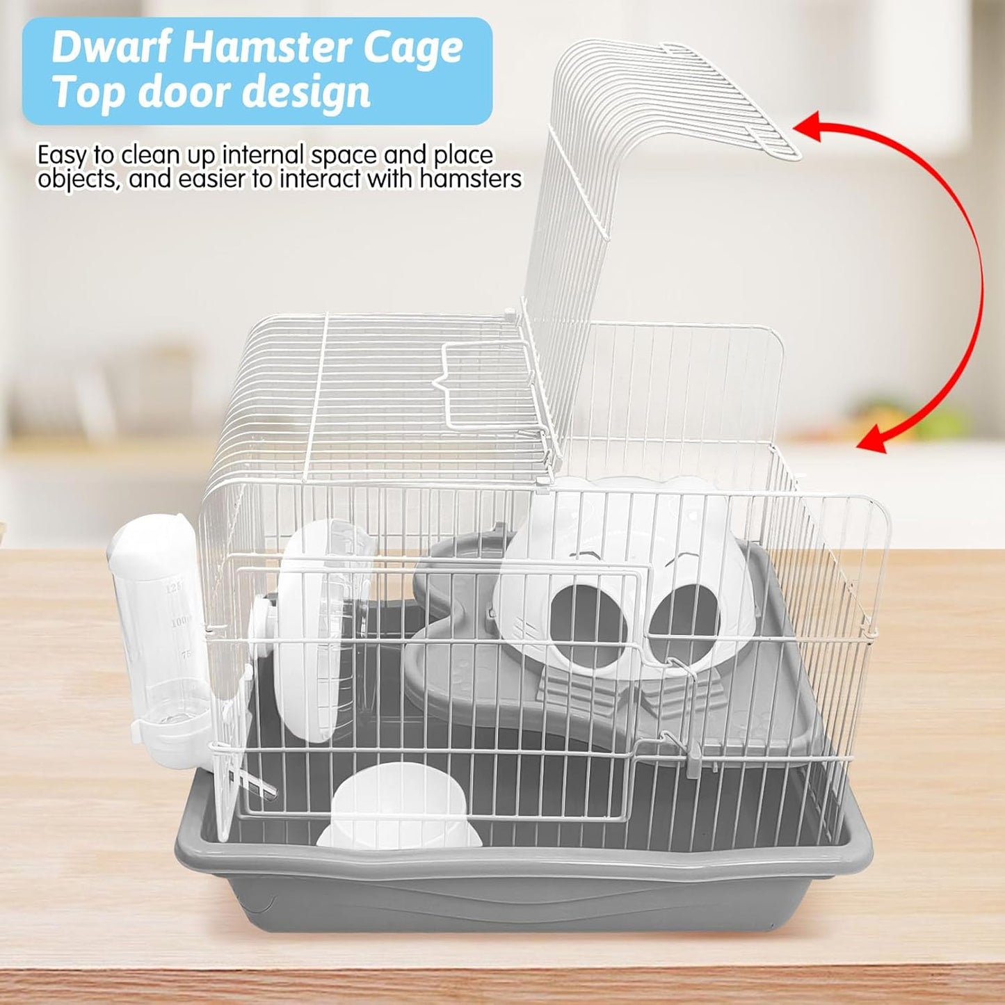 PINVNBY Dwarf Hamster Cage, Small Animal Cages, 2-Tier Travel Portable Mouse Cage Hamster Carrier with Castle House Running Exercise Wheels, Water Bottle and Food Dis（Gray）