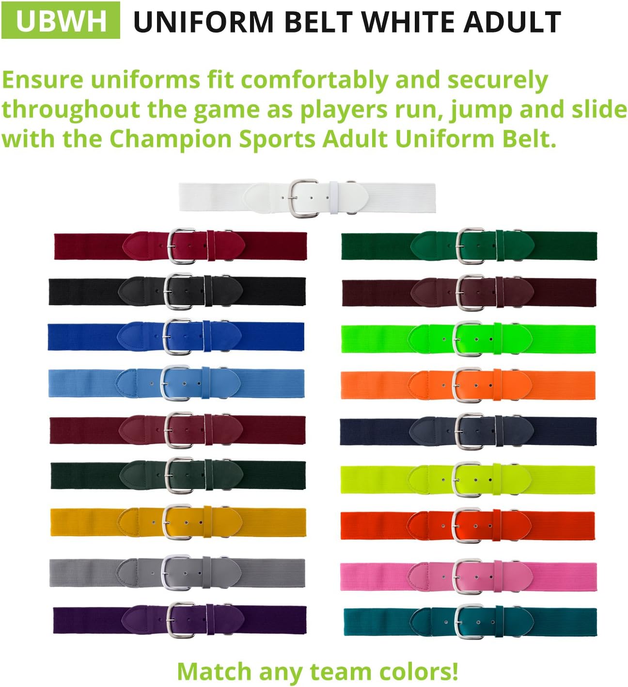 Champion Sports Baseball/Softball Uniform Belt, Comfort Stretch Fit Durable Syntex Tab - Youth & Adult Sizes, Multiple Colors