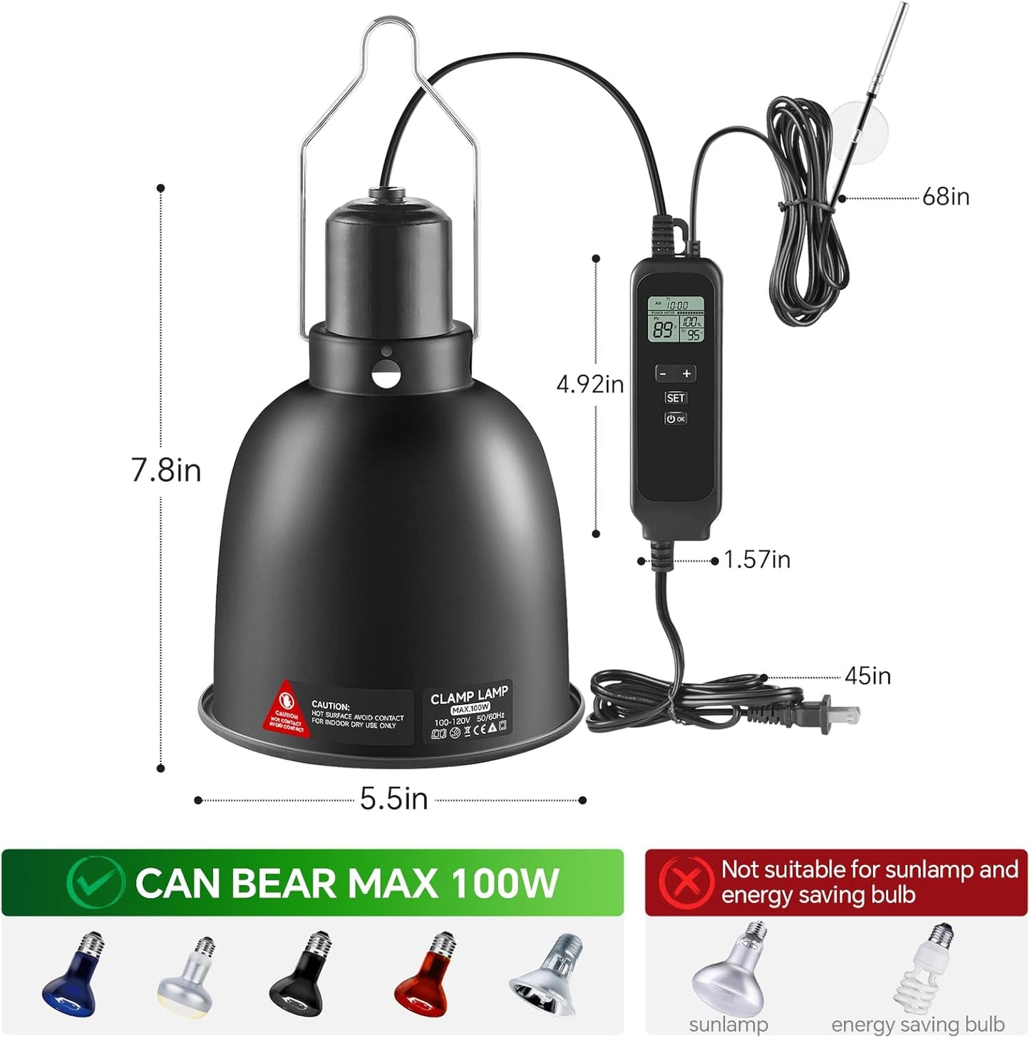 5.5 inch Reptile Heat Lamp Fixture with Thermostat and Timer,Reptile Light Fixture with Dimming Thermostat Max 100W,PID Temperature Controller for UVB Lights,Basking Heat bulbs and Terrariums