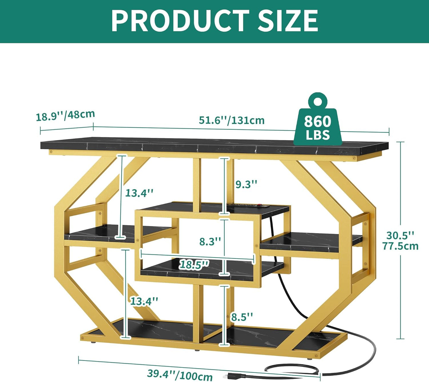 YITAHOME Heavy Duty 55-75 Gallon Fish Tank Stand with Power Outlet, Marble Aquarium Stand for Fish, Turtle, Reptile Terrarium, Shelves for Fish Tank Accessories Storage, 860LBS Capacity, Gold
