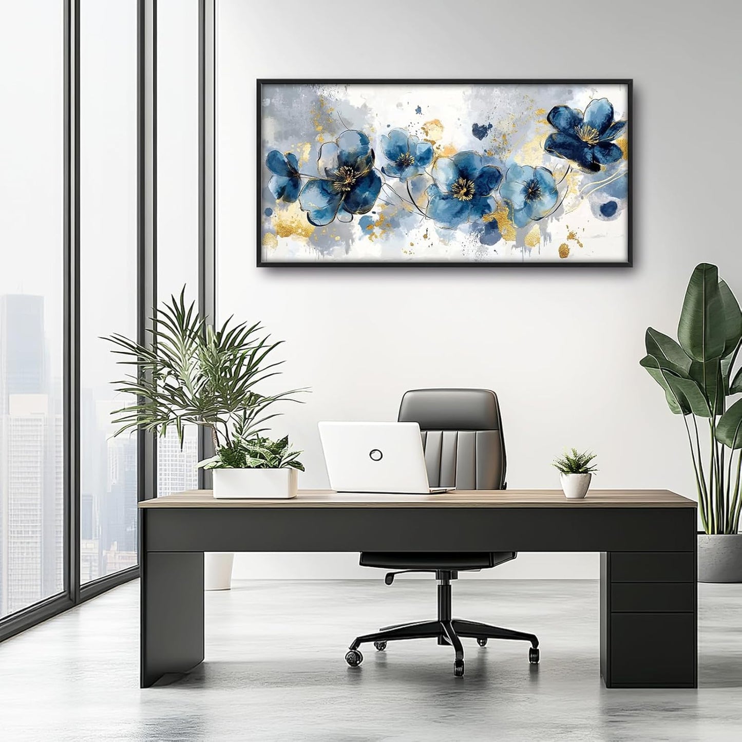 Extra Large Framed Abstract Blue Flower Wall Art,Oversized Golden Grey Floral Wall Decor Pictures for Living Room,Canvas Print Painting Modern Artwork Bedroom Office Bathroom Home Decor 60L" x 30W"