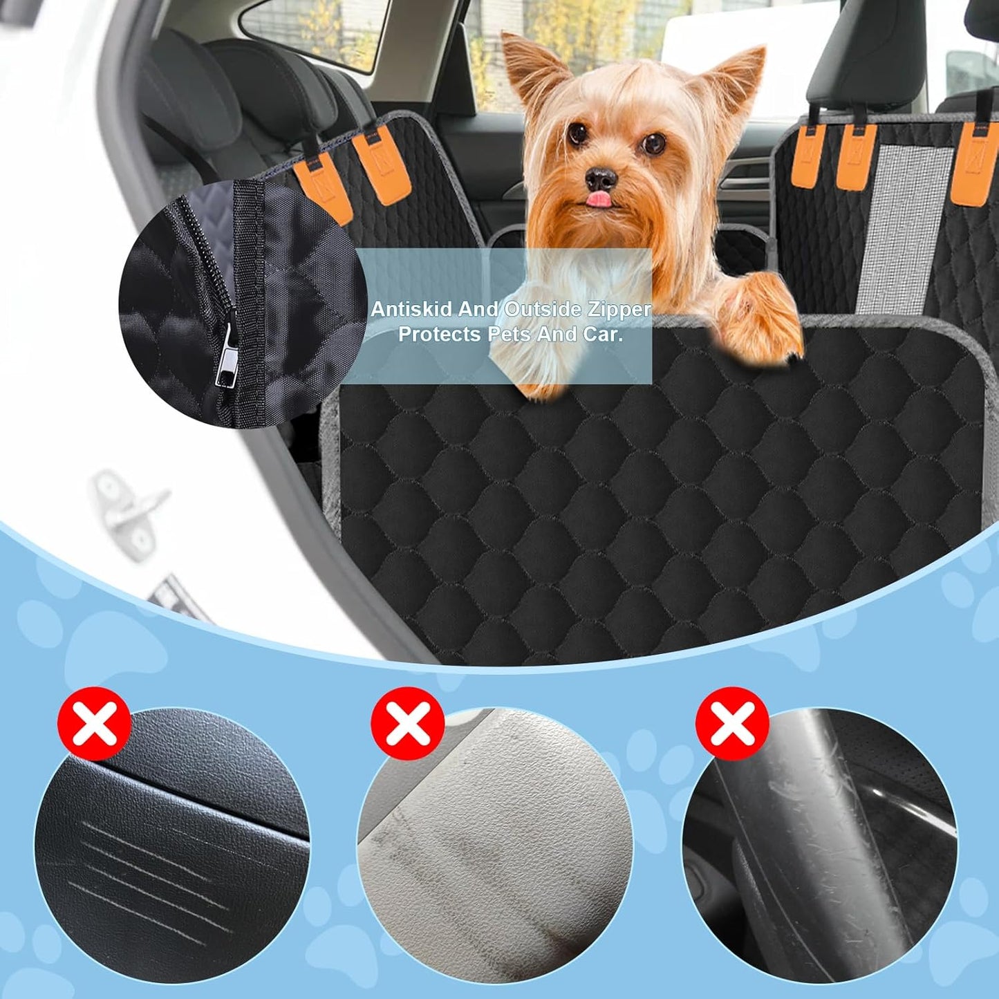 Dog Car Seat Cover for Back Seat, Waterproof Protector with Side Flaps, Scratchproof Hammock, Non-Slip Bottom for Cars/Trucks/SUVs (Black+Grey)