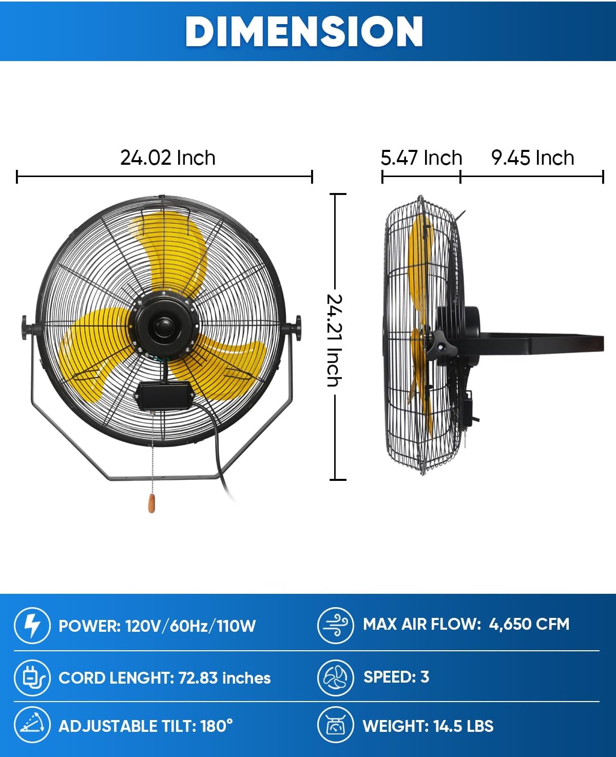 KEN BROWN 20 Inch Outdoor Wall Mount Fan, 3-speed IPX4 Waterproof, Max. 4,650 CFM Wall Mounted Fan for Outdoor, Commercial, Residential, Greenhouse, Workshop, Patio, Black, ETL Listed