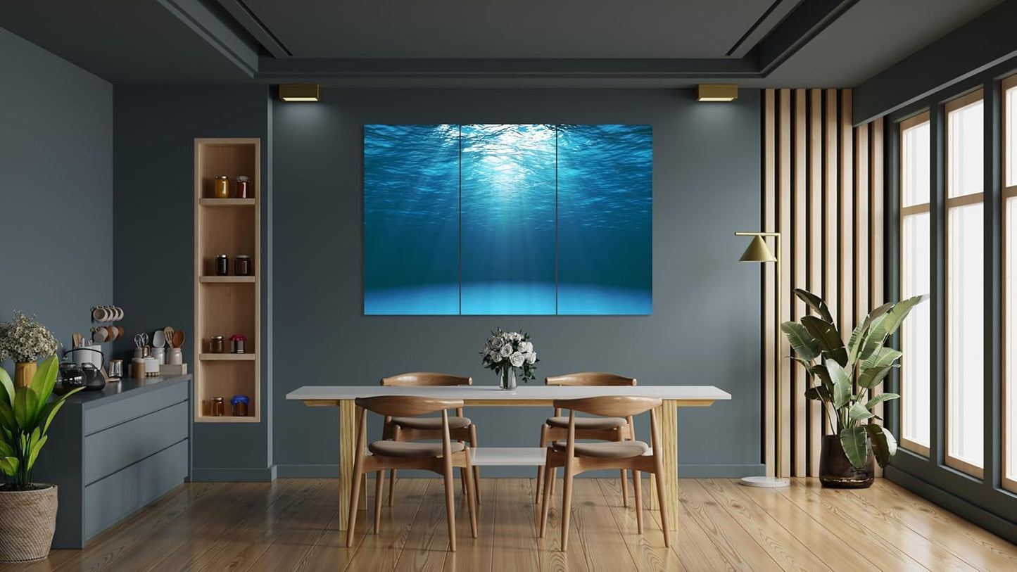 Nature Wall Art Prints - Ocean Forest Mountain Lake Canvas Landscapes - Small to Extra Large Living Room Bedroom Kitchen Bathroom Décor (Sun Rays Under Water, 39L" x 59W" - 3 Panels)