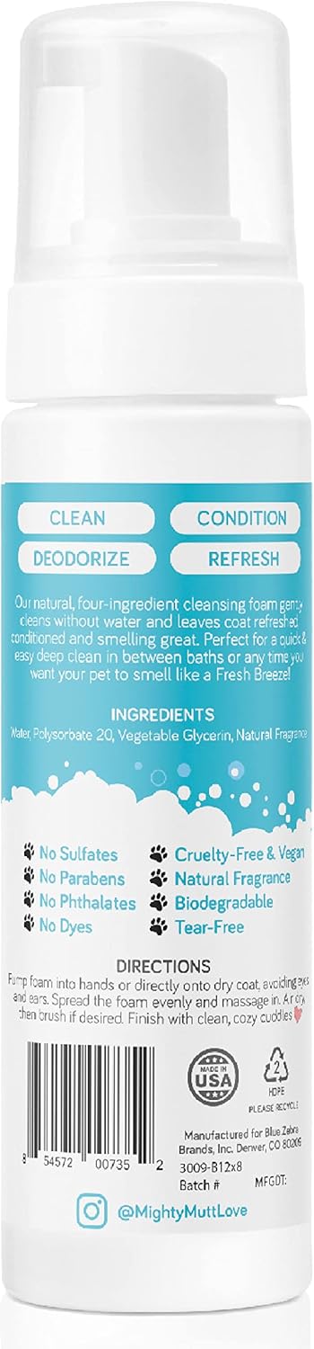 Mighty Mutt Hypoallergenic Waterless Shampoo for Dogs | Dry Shampoo for Dogs | Waterless Foam No Rinse | Anti-Itch, Soothing and Deodorizing | Fresh Breeze | 8 Fl Oz