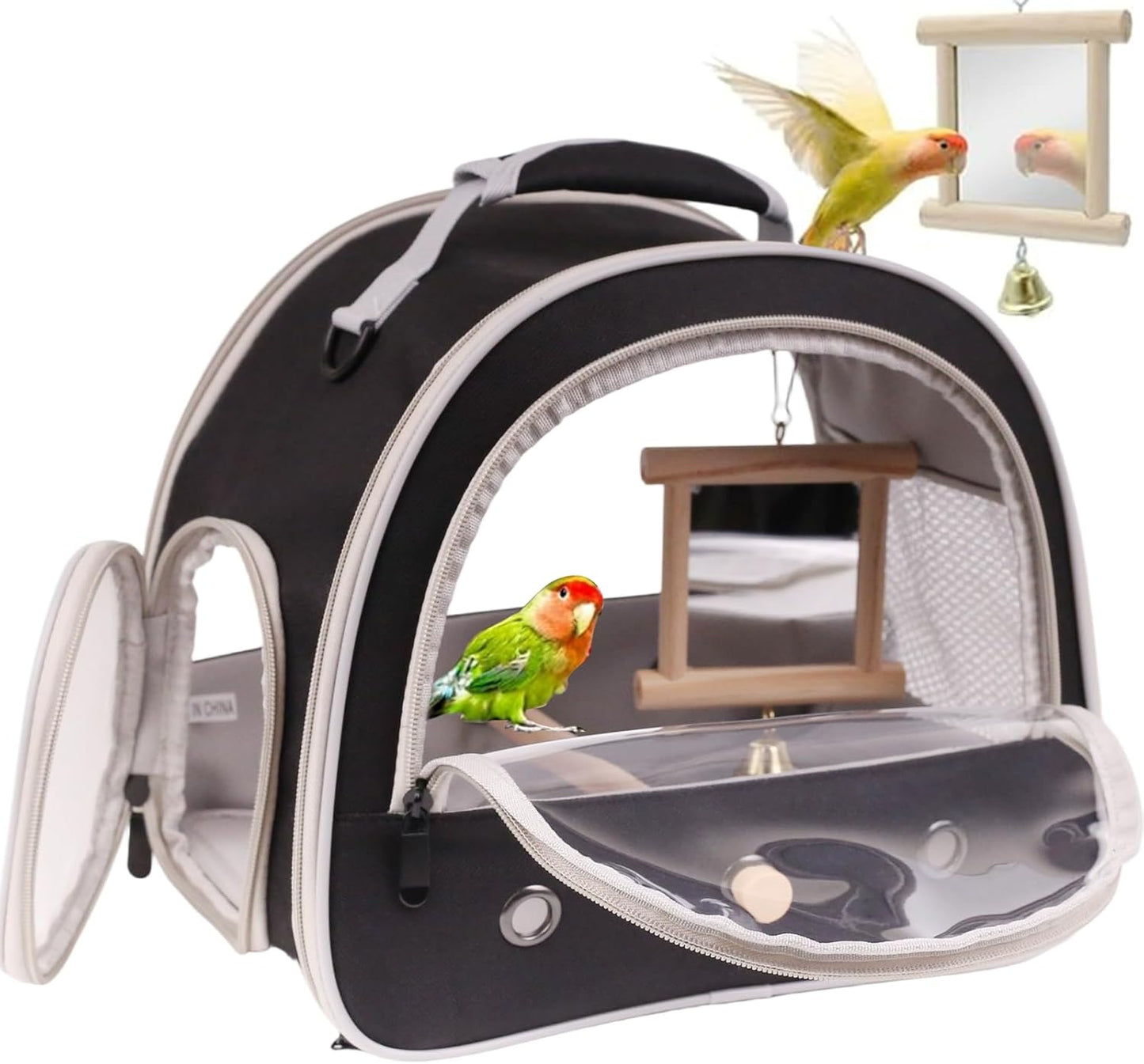 Portable Parrot Travel Cage Carrier with Small Swing Toy&Cage Colorful Toys Set Small Bird Parakeet Bag with Standing Perch Bird Carry Transport Bag (Black, Carrier/Mirror)