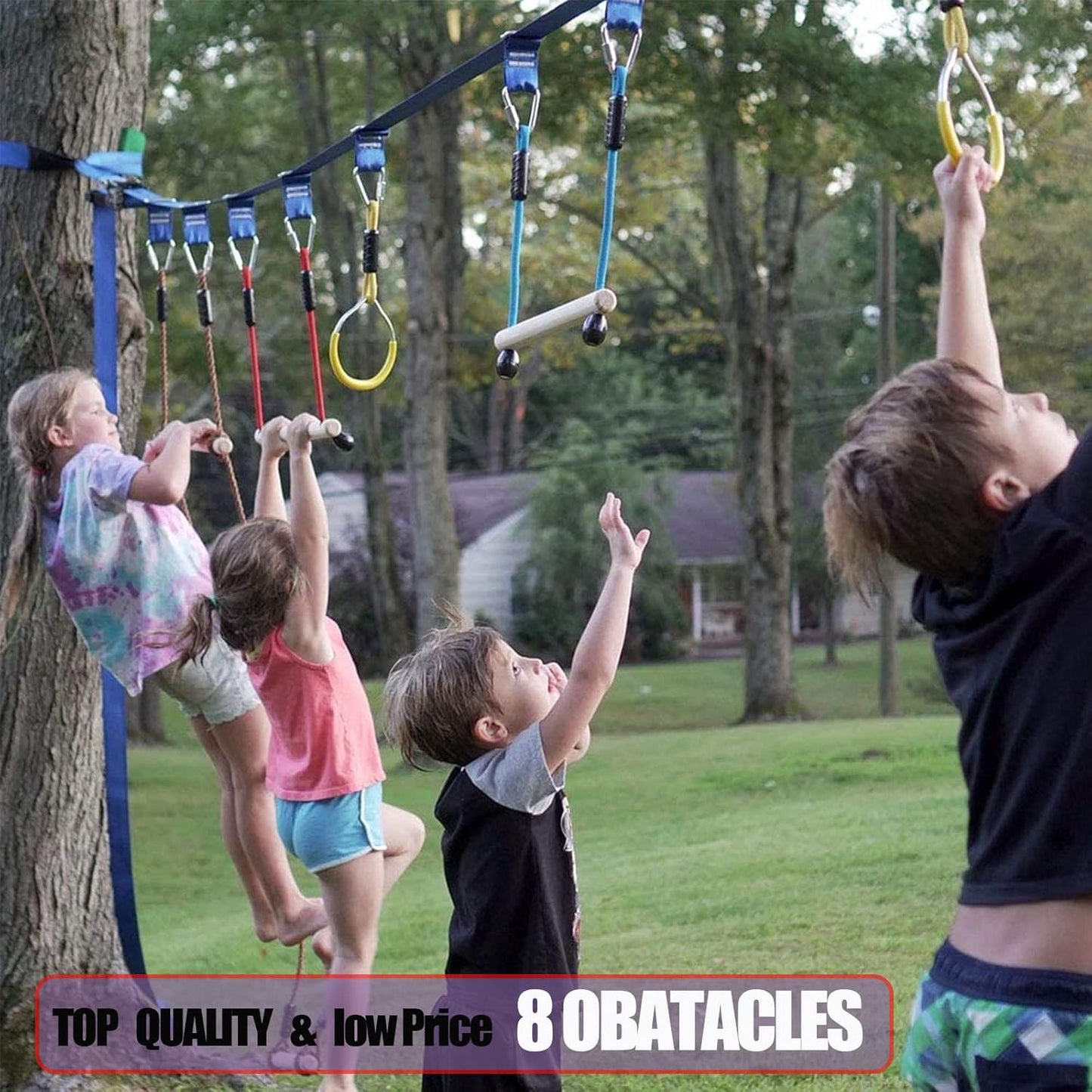 2×56ft Ninja Warrior Obstacle Course for Kids - 600 lbs Weight Capacity, Slackline Obstacle Course with 8 Ninja Accessories - Monkey Bar, Rope Ladder, Gymnastic Ring, Arm Trainer and Monkey Fist