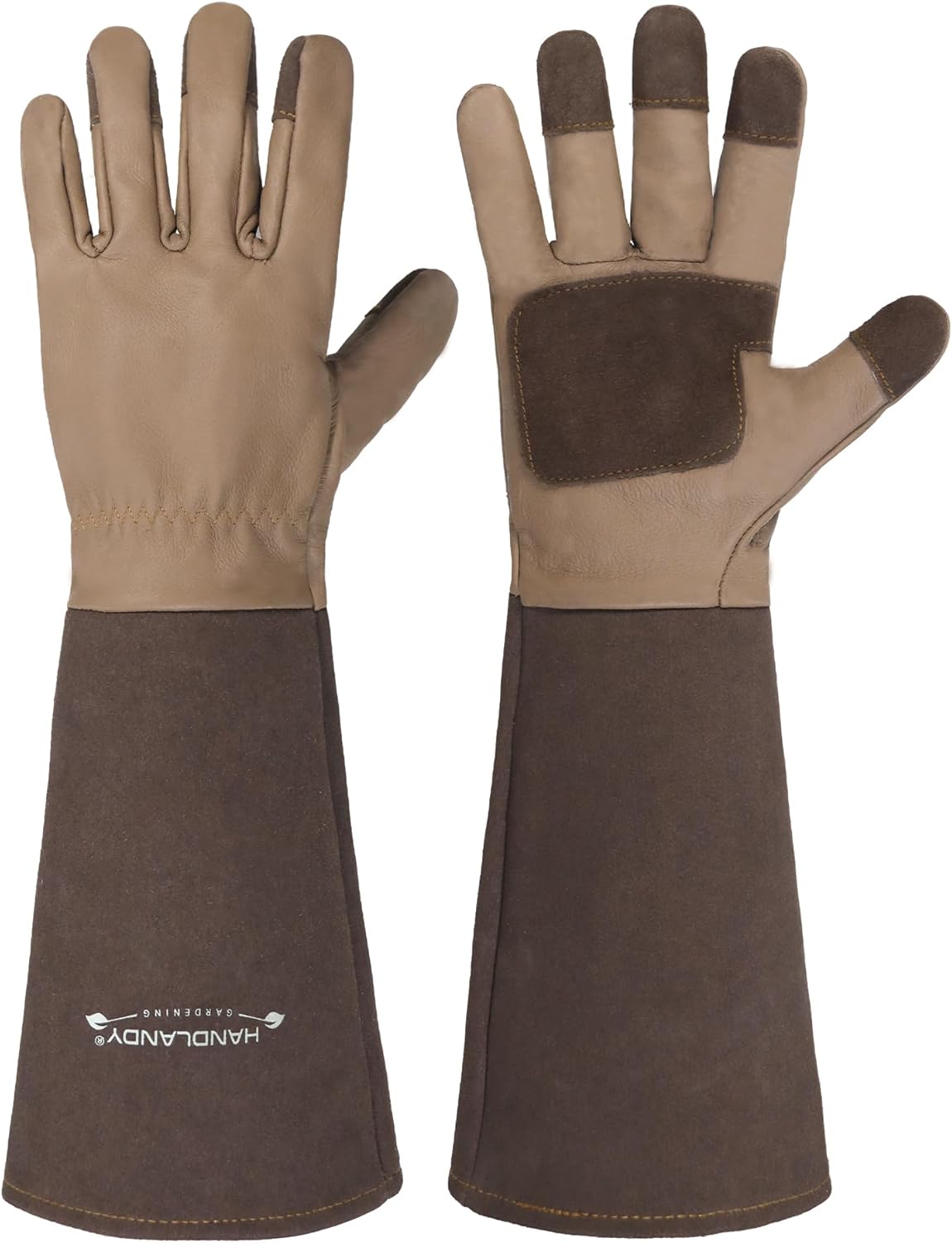 HANDLANDY Long Gardening Gloves for Men & Women, Cowhide Leather Rose Pruning Gloves- Breathable & Durable Gauntlet Glove (Large, Brown)