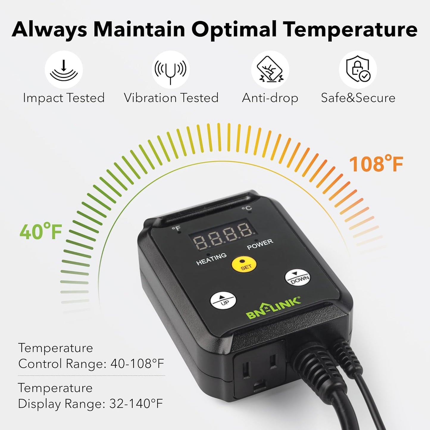 BN-LINK Digital Heat Mat Thermostat Controller for Seed Germination, Reptiles and Brewing Breeding Incubation Greenhouse, 40-108°F, 8.3A 1000W ETL Listed