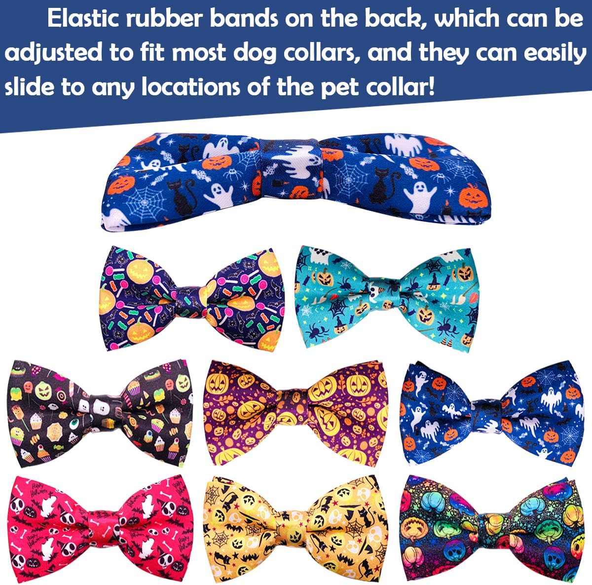 PET SHOW 10pcs Halloween Large Dog Bow Ties for Medium Big Detachable Dogs Bowties with Elastic Bands Attach to Collar Pet Grooming Collar Attachment Accessories