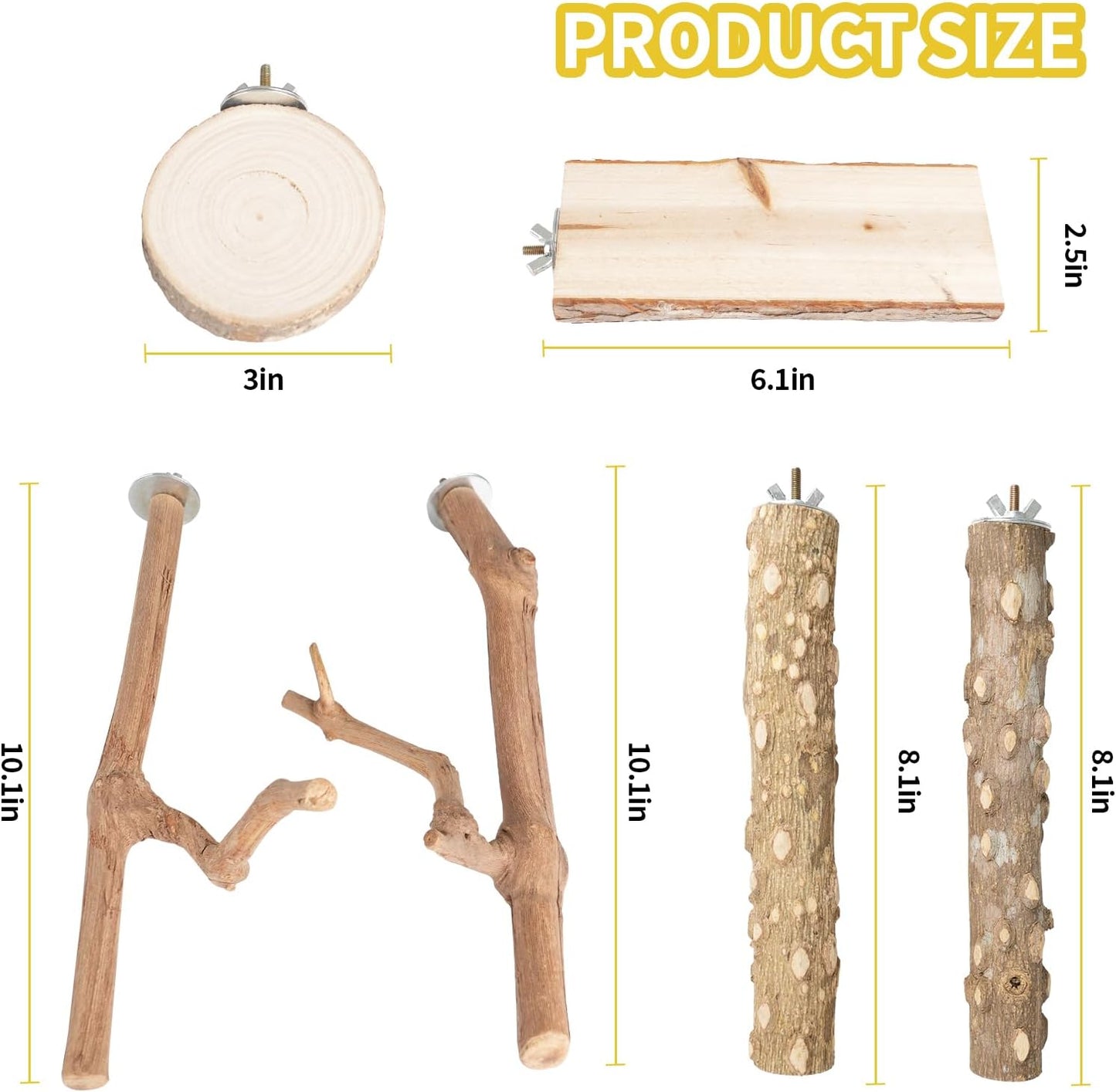 Bird Perches, 6PCS Natural Wood Birds Perch Stand Set, Parakeet Toys, Bird Cage Accessories, Stand & Toys for Parakeets, Cockatiels, Conure, Budgies