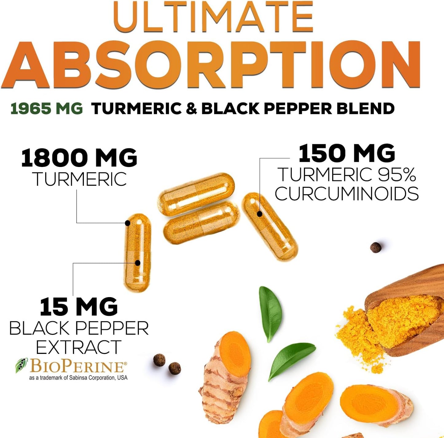 Turmeric Curcumin Supplement 1950mg - 95% Curcuminoids with Organic Turmeric & BioPerine Black Pepper Extract for Best Absorption, Nature's Vegan Joint Support, Non-GMO, Bottled in USA - 60 Capsules