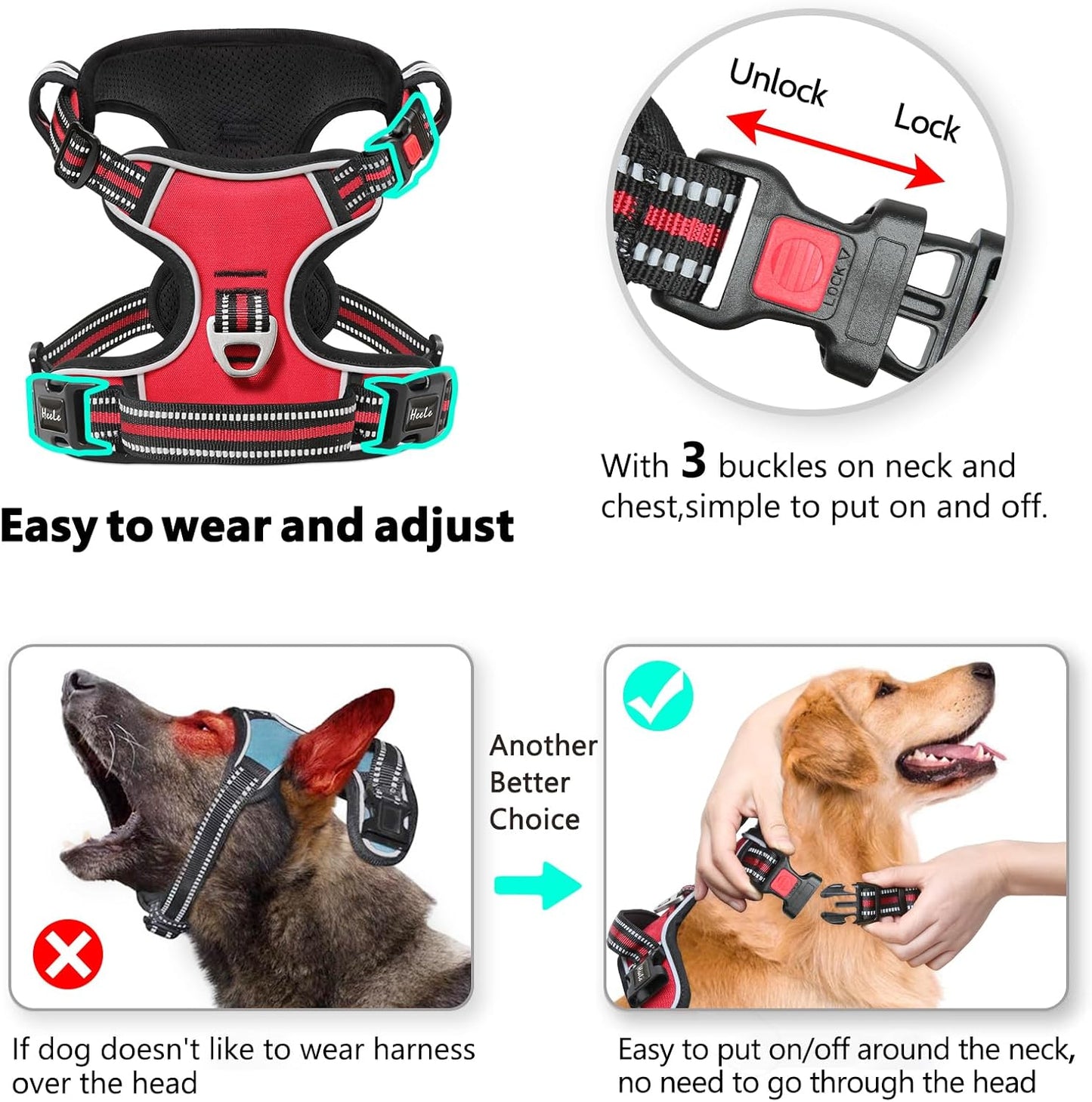 Timos Dog Harness Medium Sized, No Pull with Neck Lockable Snap,No Choke Front Clip Dog Reflective Harness,Adjustable Metal Rings 3 Buckles,Easy Control Handle for Medium Dogs Red M