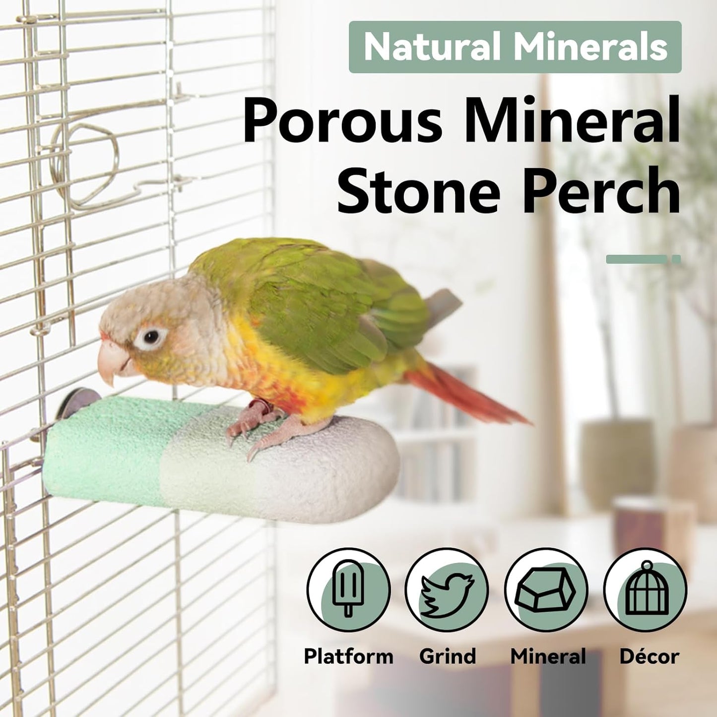 Natural Mineral Bird Perch for Cage Parrot Perch Platform for Beak Grinding Claw Trimming & Chewing Chew Toy for Parakeets Cockatiels Conures Birds Cage Accessories (Gradient Green, 4.7")