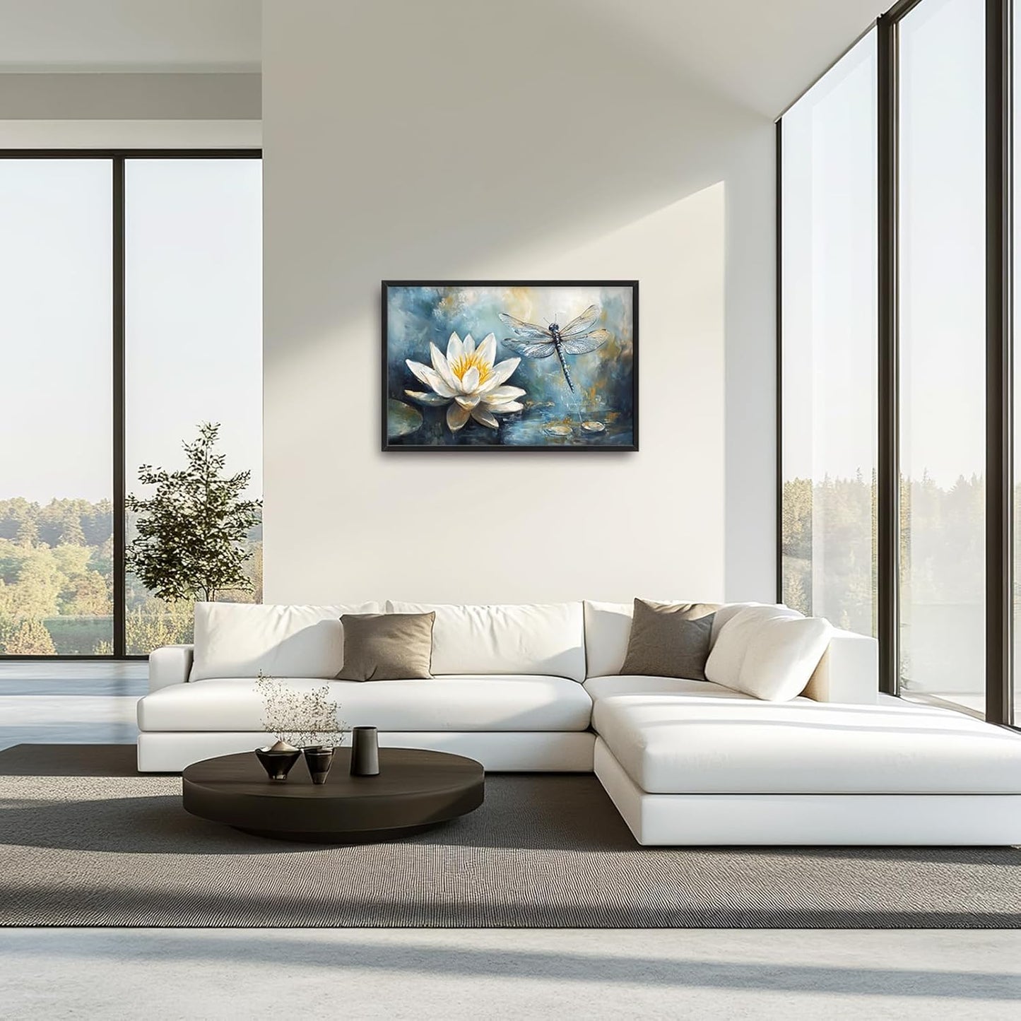 Extra Large Lotus Dragonfly Framed Wall Art for Living Room,Abstract Blue Lotus Flower Lake Pictures Wall Decor,Nature Canvas Print Painting Modern Artwork Bedroom Office Bathroom 36L" x 24W"
