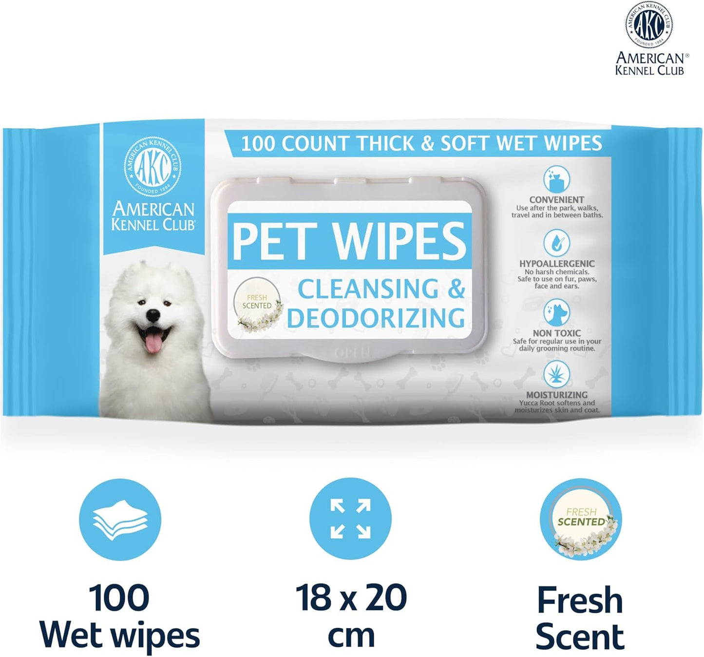AKC Pet Wipes for Dogs & Cats – Hypoallergenic, Alcohol-Free Wipes for Paws, Face, Ears & Coat – Thick, Gentle Cleaning with Natural Aloe – Available in Lavender, Fresh & Oatmeal Scents