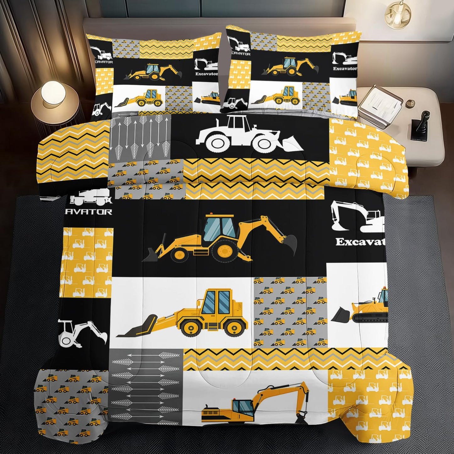 Construction Comforter Set Queen Boys,Yellow Queen Construction Bedding Set,Engineering Vehicles Comforter Yellow Bedroom Decor Kids,Truck Quilt Cartoon Truck Bedding for Teen