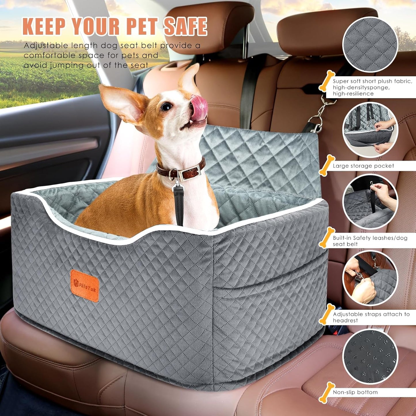Memory Foam Booster Dog Car Seat for Medium Dogs Under 45 LBS, Elevated Pet Car Seat with Detachable Washable Cover, Anti-Slip Sturdy Dog Booster Seat with Seat Belt for Back Seat Travel