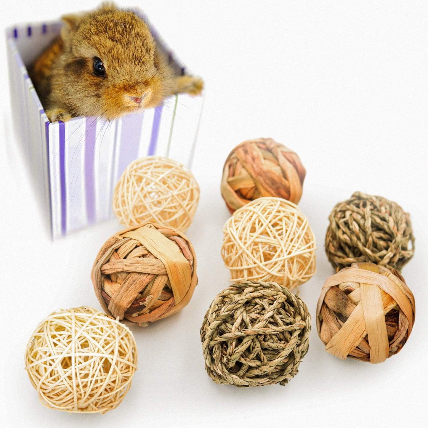 9 Pcs Small Animals Play Balls Rolling Activity Chew Toys Gnawing Treats for Rabbits Guinea Pigs Chinchilla Bunny Natural Balls, Pet Cage Entertainment Accessories (9 Pcs)