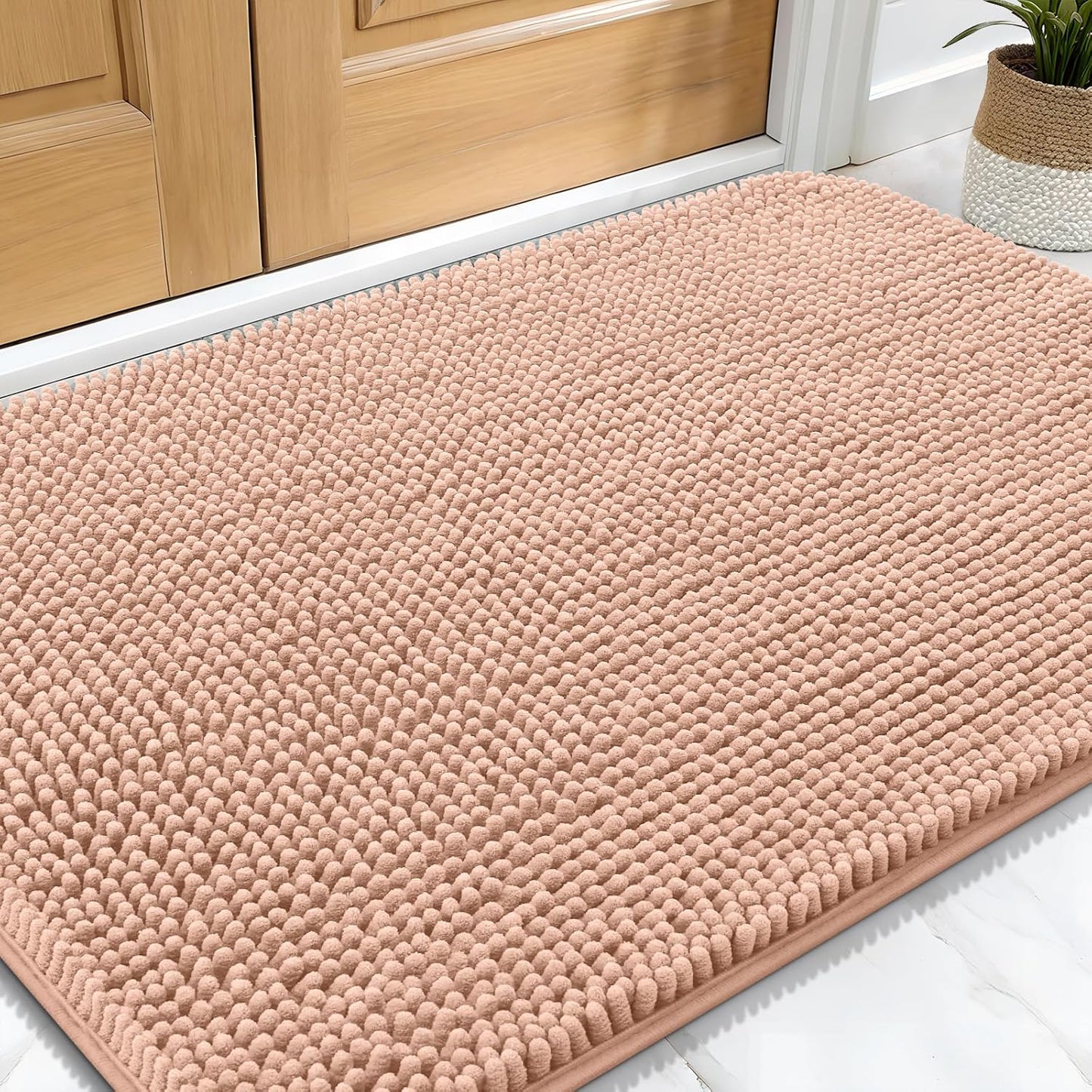 OLANLY Dog Door Mat for Muddy Paws 34x21, Absorbs Moisture and Dirt, Absorbent Non-Slip Washable Doormat, Quick Dry Chenille Mud Mat for Dogs, Entry Indoor Entryway Carpet for Inside Floor, Peach