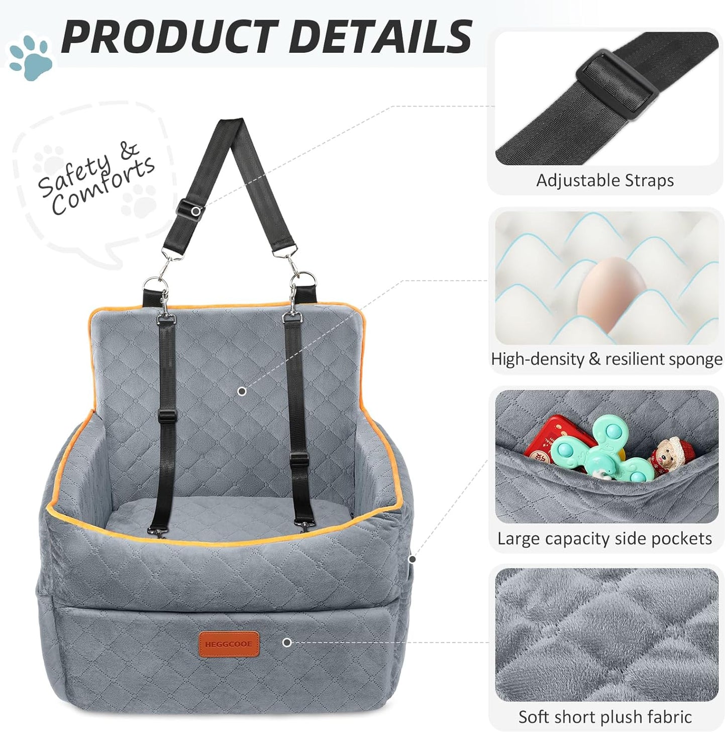Dog Car Seat for Small Medium Dogs, Memory Foam Puppy Dog Booster Seat with Thick Cushion for Dogs Under 35lbs, Detachable Washable Pet Car Seat Travel Bed with Storage Pockets,2 Safety Belts