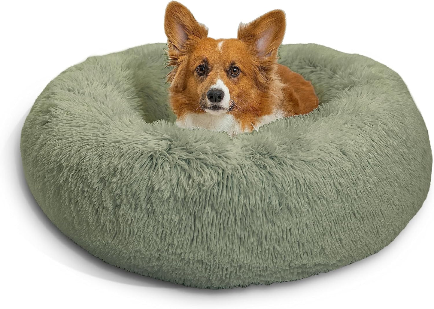 Best Friends by Sheri Original Calming Donut Dog and Cat Bed, Shag Faux Fur, Sage Green, (30in x 30in) - Anxiety Relief for Pets Up to 45 lbs
