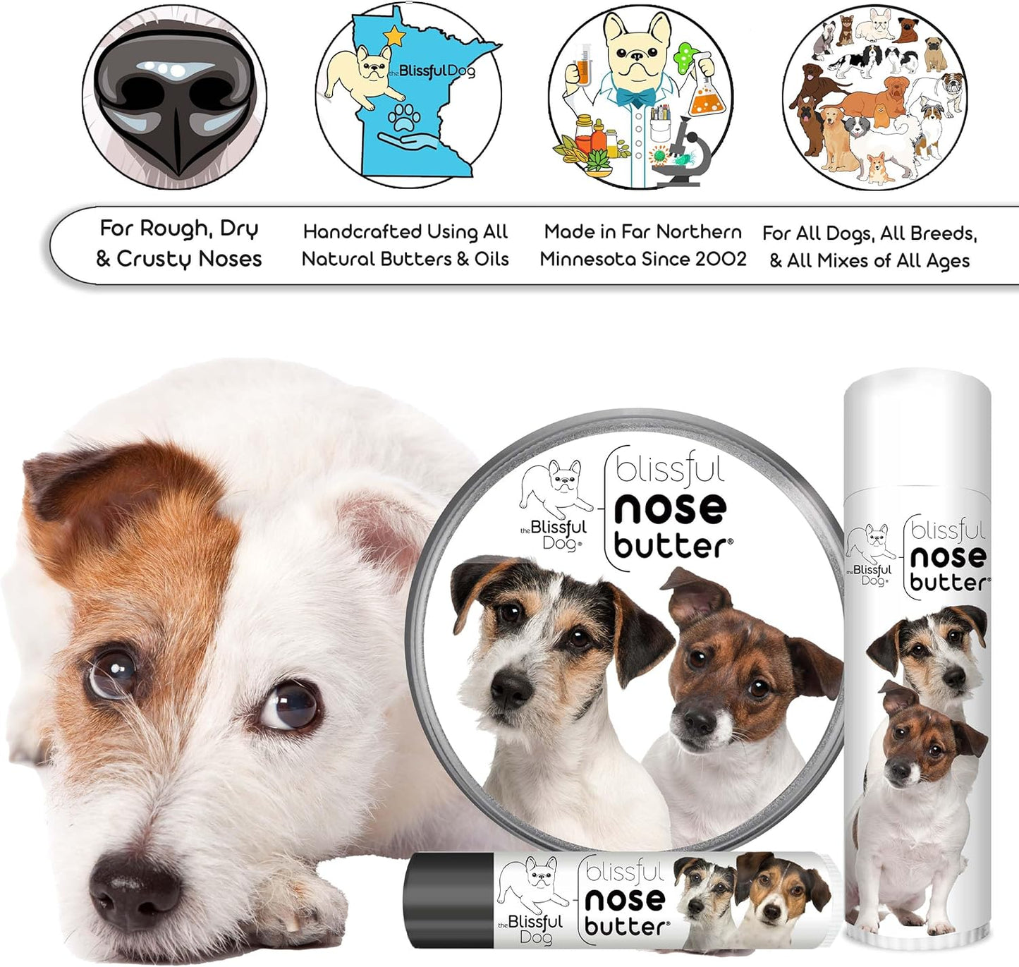 The Blissful Dog Jack Russell Terrier Nose Butter for Dry, Cracked Skin, Lick-Safe Dog Nose Balm with Moisturizing Shea Butter, Almond, Olive, and Essential Oils, Pet Supplies, Uncented, 0.50 oz.