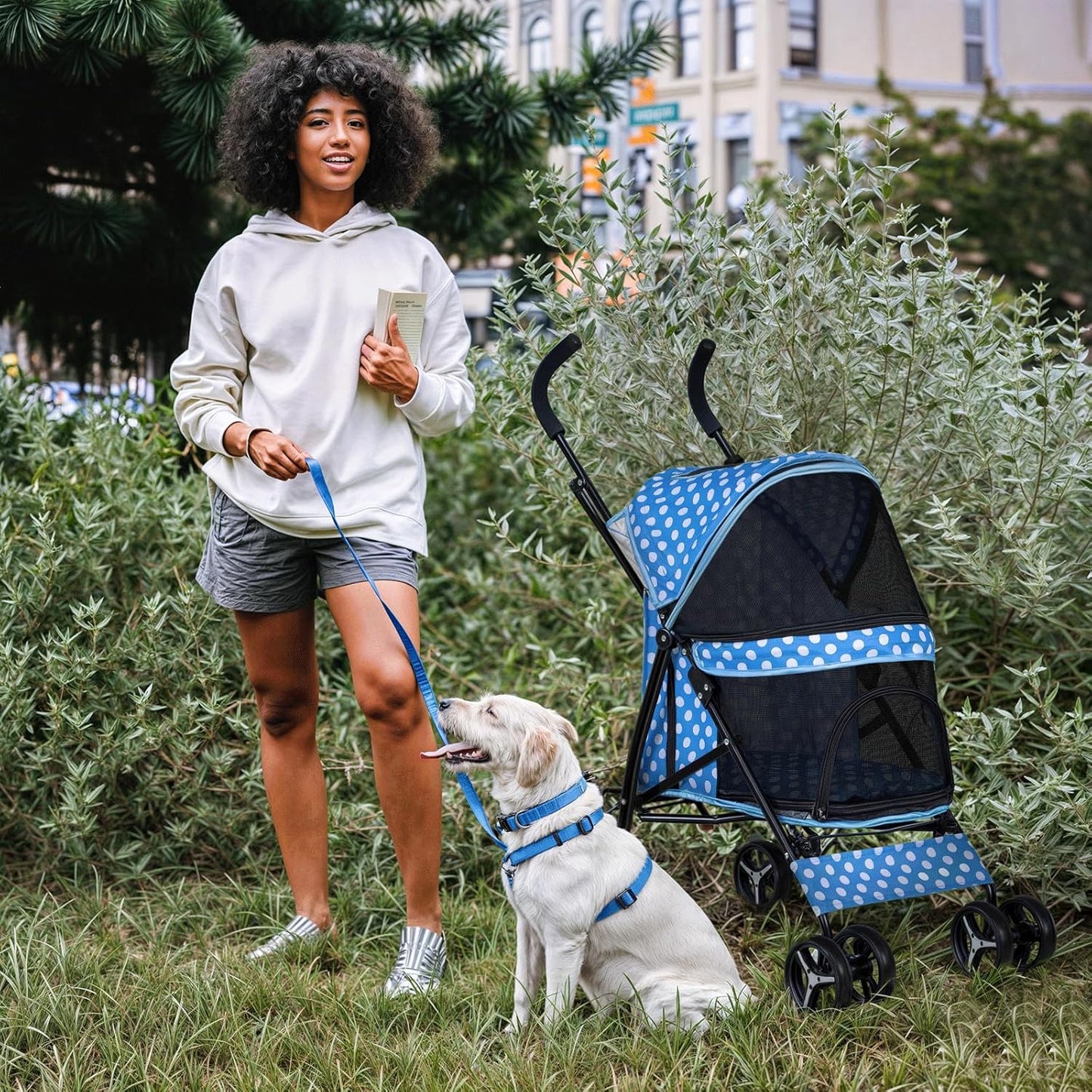 MoNiBloom 4 Wheels Pet Stroller, Easy-Fold Umbrella Shaped Dog Cat Jogger Stroller w/Storage Bag & Visible Mesh for Small/Medium Dogs Cats Sky Blue Polka Dots