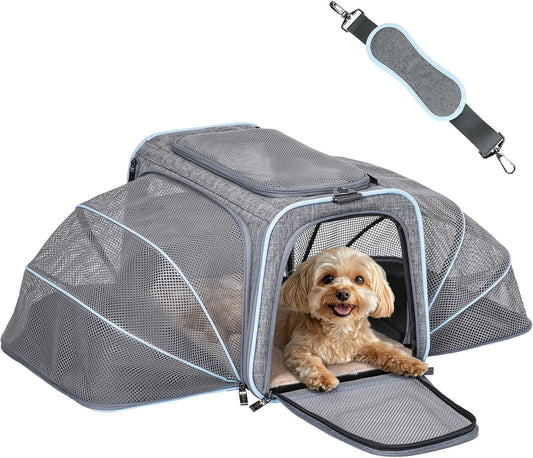 Petsfit Expandable Large Cat Carrier Small Dog Carriers Airline Approved, 17" Lx 11" Wx 11" H Soft-Sided Portable Washable Pet Travel Carrier with 2 Extension for Kittens, Puppies, Rabbits