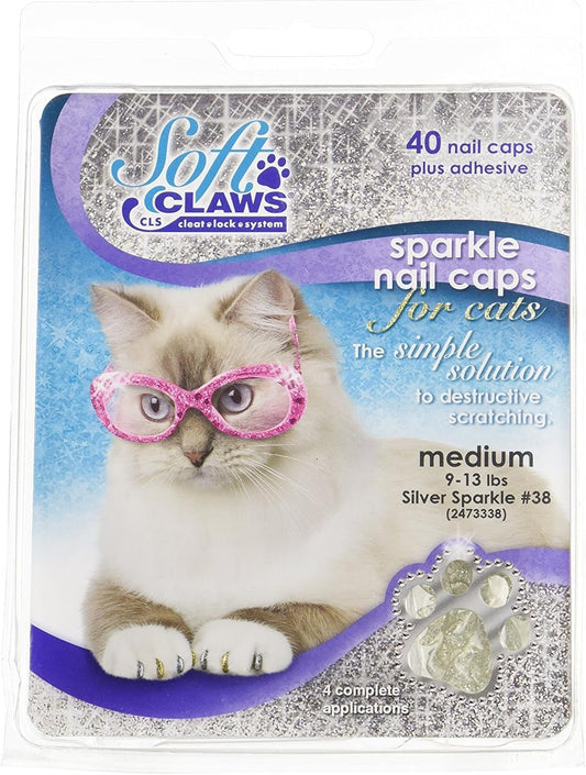Soft Claws Nail Caps for Cats with Cleat Lock System - 40-Pack Cat Claw Caps for 4-6 Weeks of Protection - Long-Lasting Cat Scratch Deterrent for Furniture - Silver Sparkle, Medium