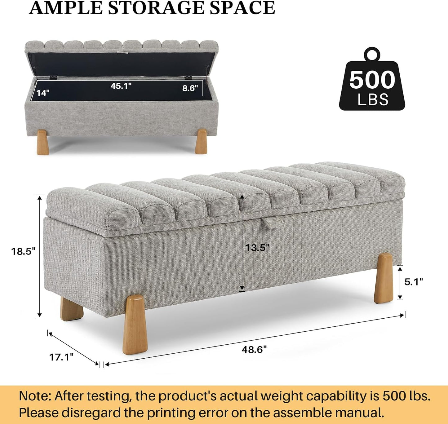 Storage Ottoman Bench, Bedroom Storage Bench Foot Rest with Legs, 17.1 x 48.6 x 18.5 Inches, End of Bed Bench, Load up to 500 lb, for Living Room, Bedroom, Entryway, Light Gray