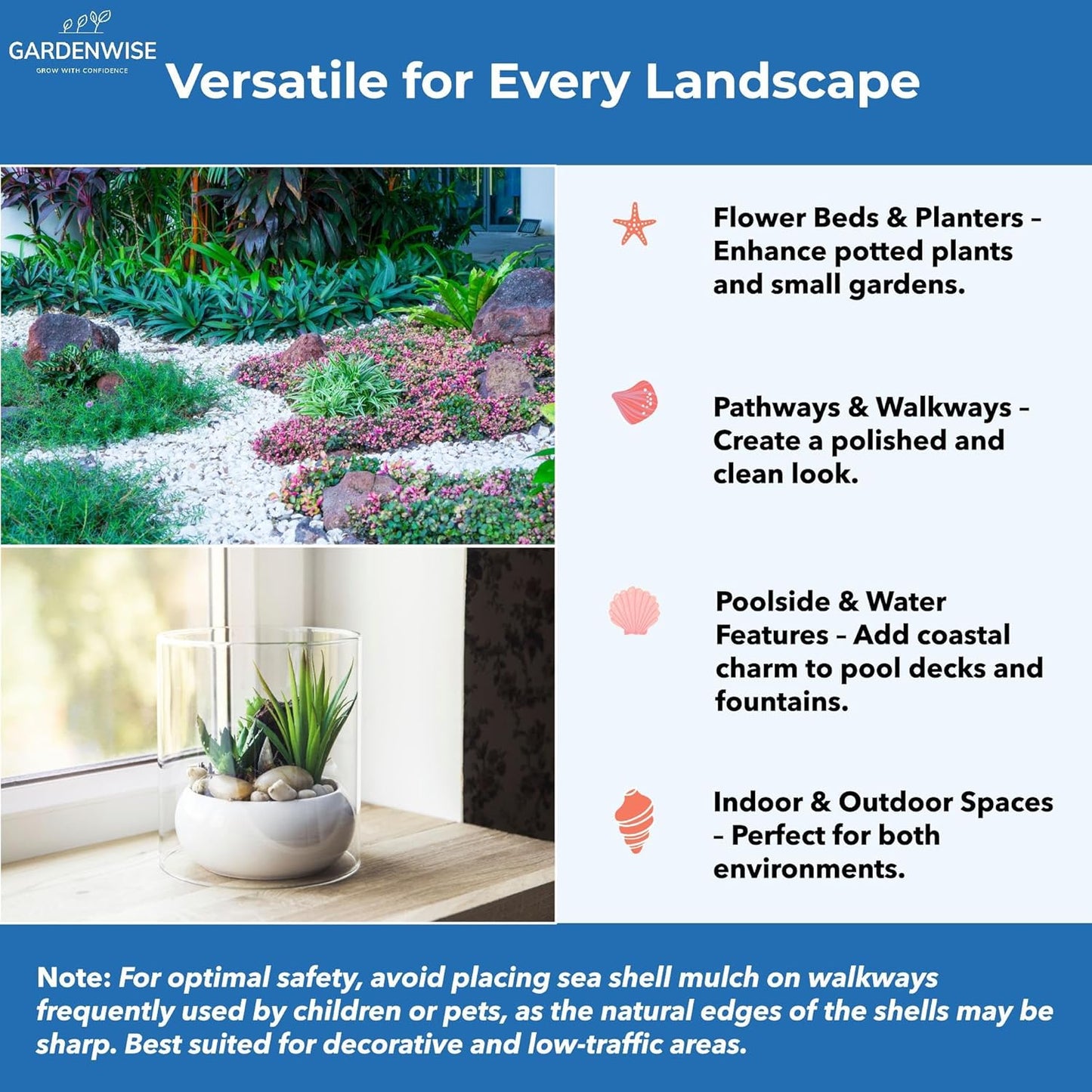 Natural Organic Sea Shell Mulch for Gardens and Landscaping – Decorative and Nutrient-Rich, 0.5–3-Inch Shells, Perfect for Indoor and Outdoor Use (0.7 CF - 20 L - 21 QTS)