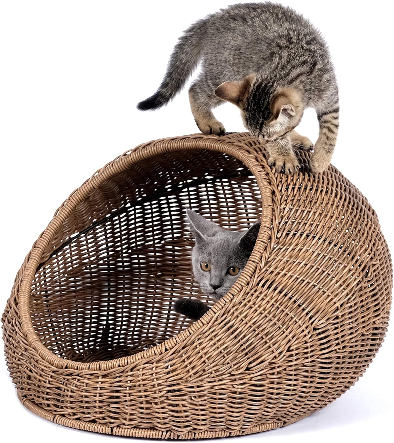 D+GARDEN Wicker Cat Bed Dome for Medium Indoor Cats - a Covered Cat Hideaway Hut of Faux Rattan Houses Pets in Dome Basket, Washable