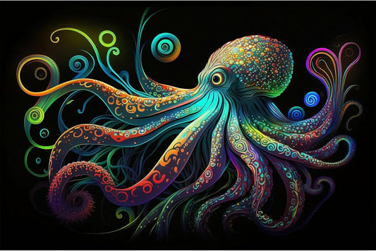 Octopus Aquarium Background Exquisite Colorful Octopus Terrarium Background Glowing Octopus on Black Background Fish Tank Backdrop Octopus Backdrops Poster Wallpaper Decorations Vinyl 30x18in