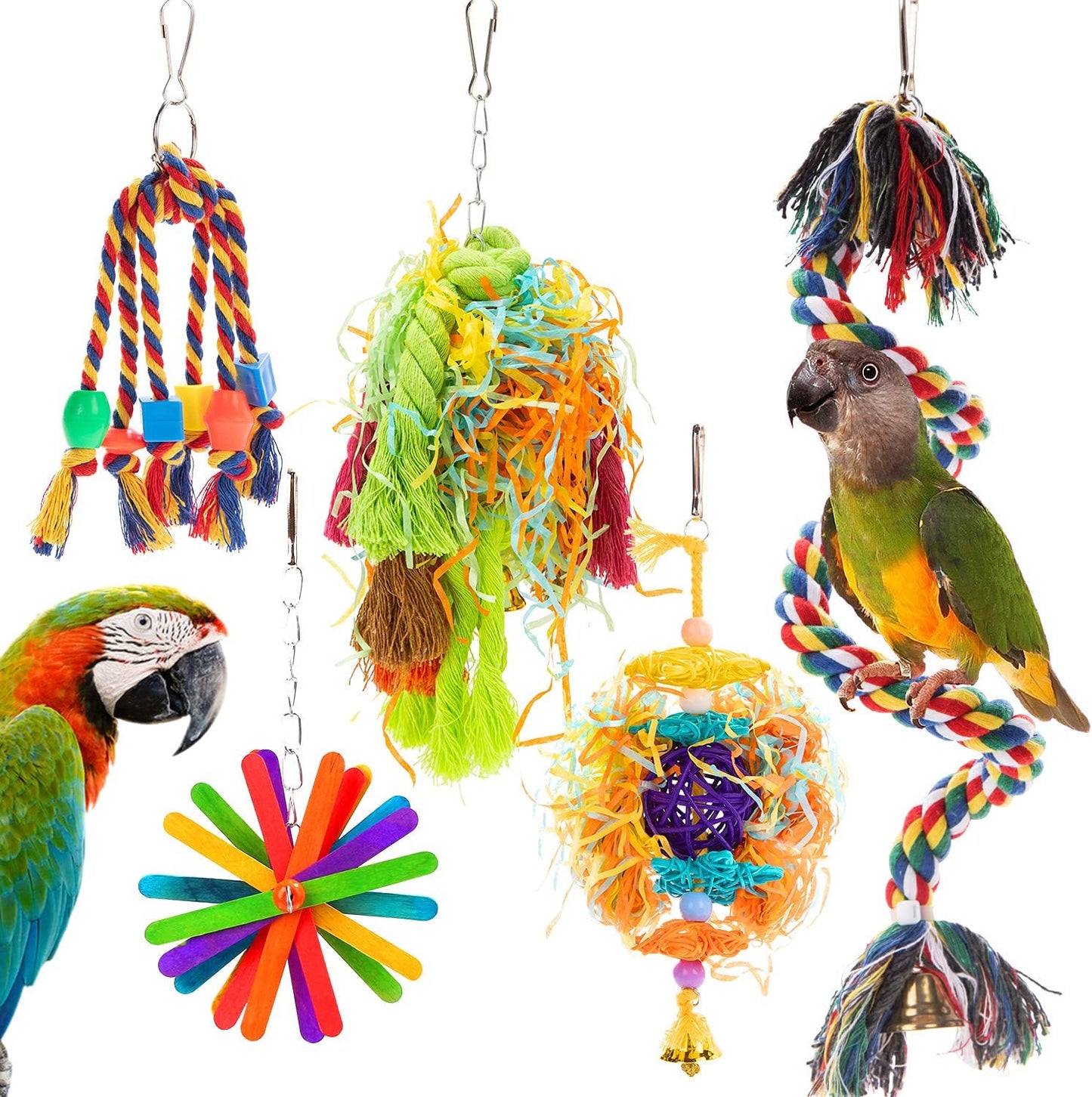 RLRICH 5PACK Colorful Shredder Bird Foraging & Hanging Toys, Comfy Perch Parrot Toy for Rope Bungee