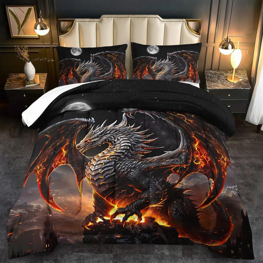 Black Dragon Comforter Set Full Adult,Flame Dragon Bedding Set for Boys,Magical Beast Bedding Fantasy Animal Comforter Beedroom Decor,Magical Beast Quilt Bed Decor