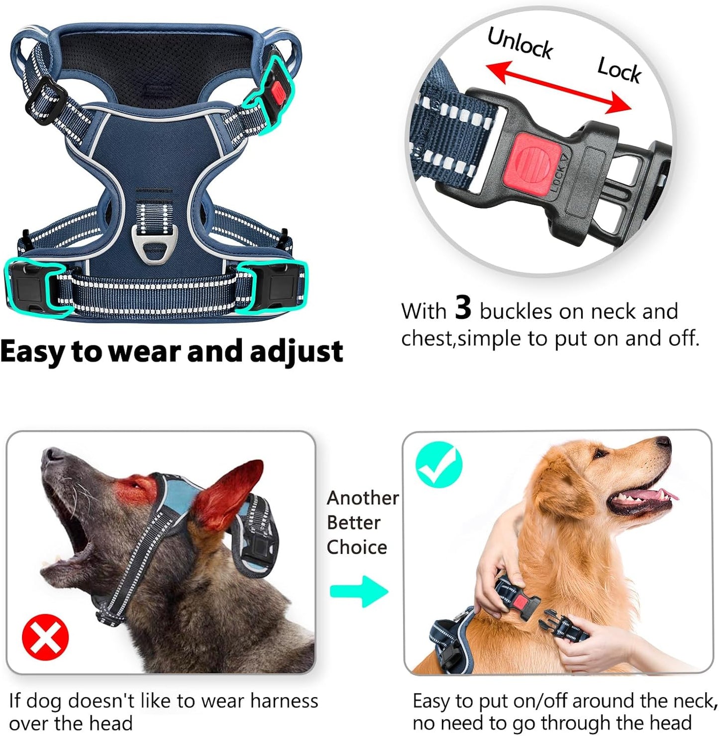 Timos Dog Harness Small Sized, No Pull Pet Harness with Neck Lockable Snap,No Choke Front Clip Dog Reflective Vest,Adjustable Metal Rings 3 Buckles,Easy Control Handle for Small Dogs Royal Blue S