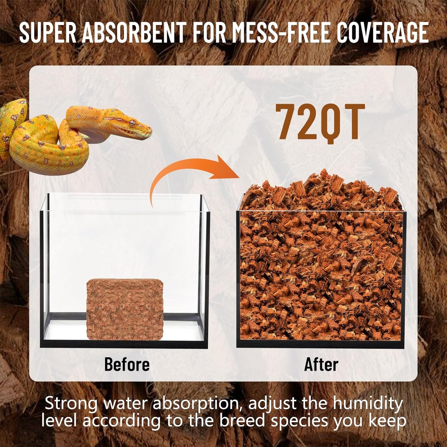 Riare 10LB Coconut Chip Substrate for Reptiles, 72 Quart Coconut Fiber Substrate Coco Chips Substrate Coconut Husk Bedding for Snakes, Tortoises, Ball Python, Bearded Dragon, Geckos, Lizards, Frogs