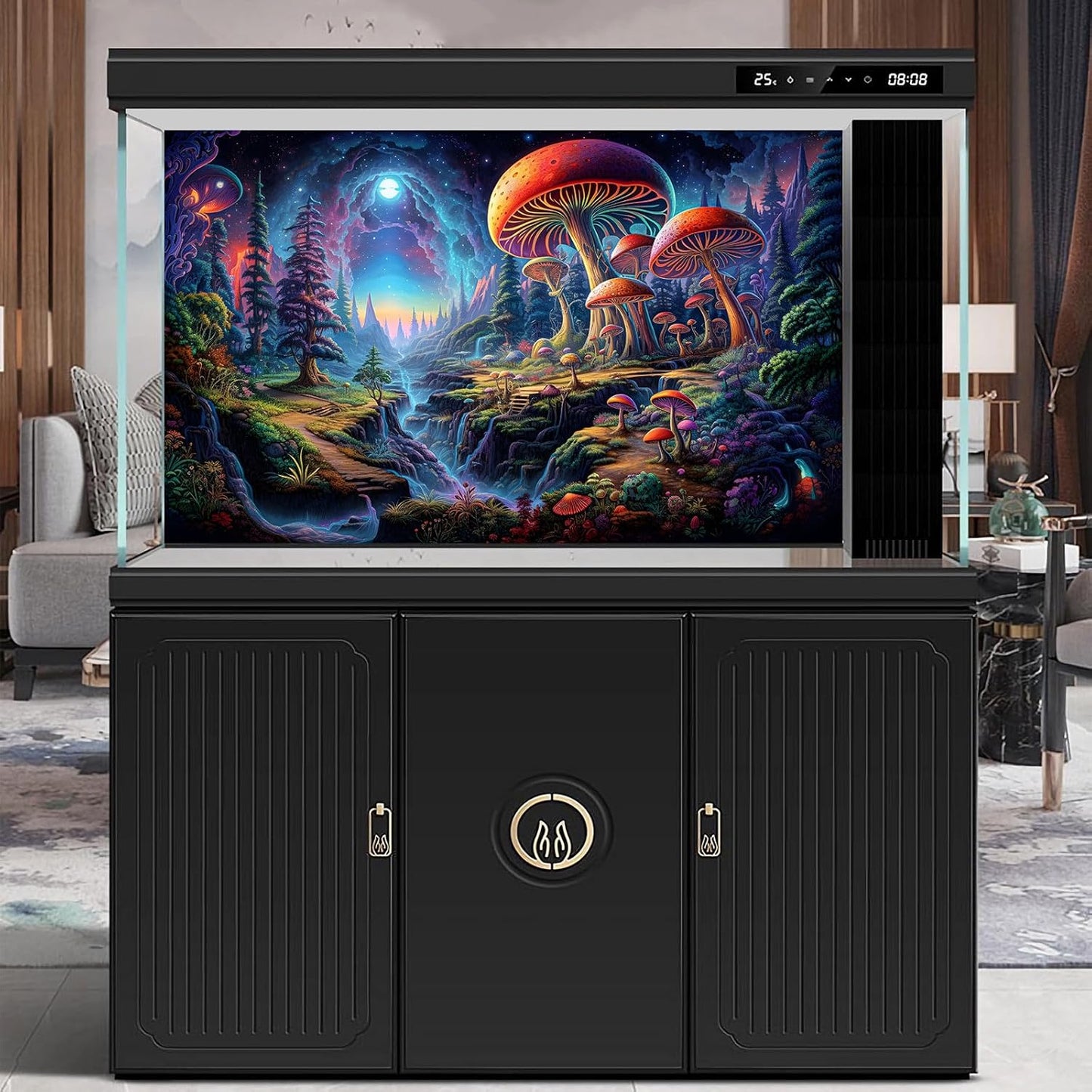 Forest Aquarium Background Fantastic Cartoon Forest Landscape with Mushrooms and Flowers Terrarium Background Fantasy Pine Tree Mysterious Mushroom Theme Fish Tank Backdrop Poster Decor 36x18in