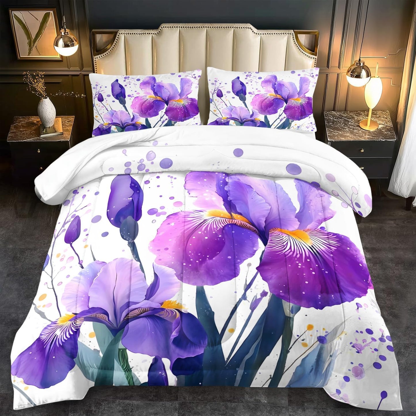 Purple Floral Comforter Set Twin Size Woman,Purple Iris Comforter for Girls,Pink Flower Bedding Set Twin Bedroom Decor,Floral Bedding Quilt Bed Decor Pink for Kids and Adults
