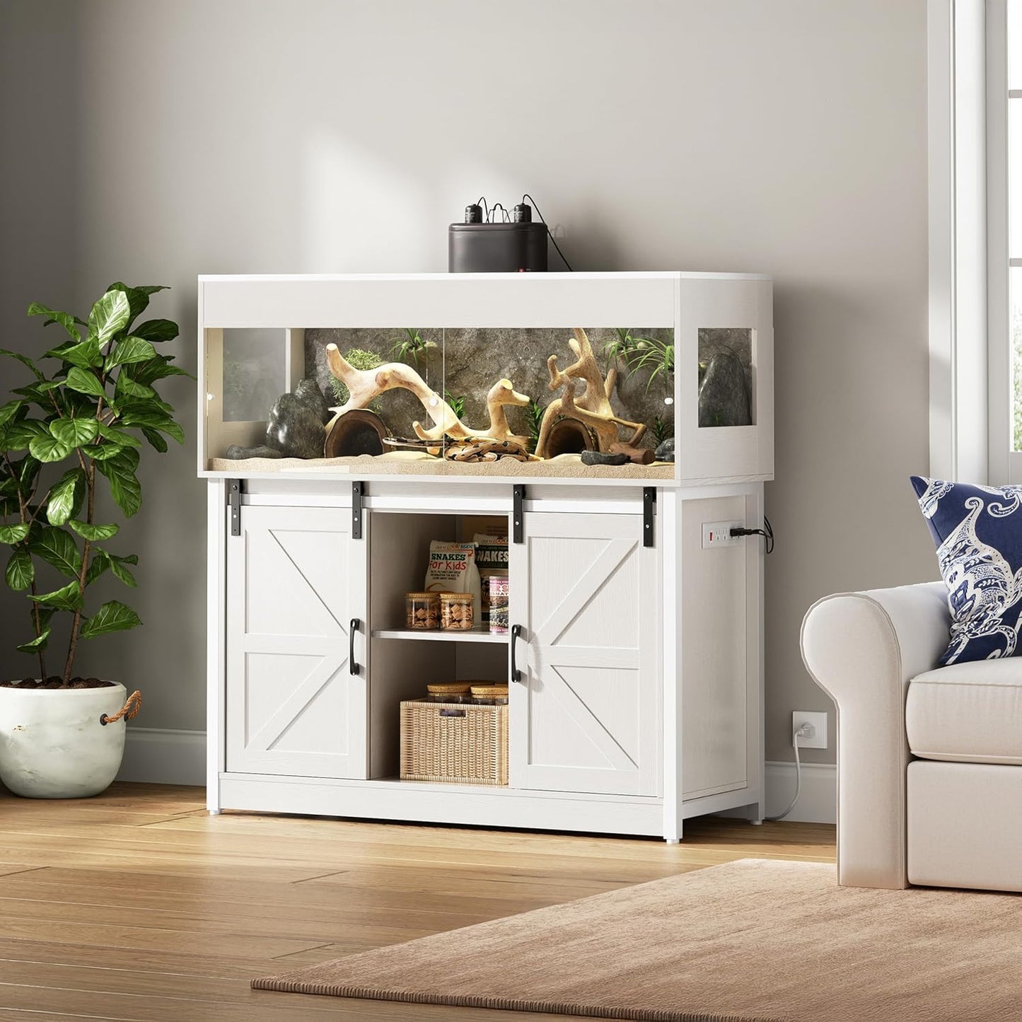 60 Gallon Reptile Terrarium with Stand, Terrarium Enclosure with Acrylic Doors, Storage Cabinet with Barn Door, Mesh Lid & Power Outlet – Vivarium Habitat for Medium Reptiles White PX05RTW